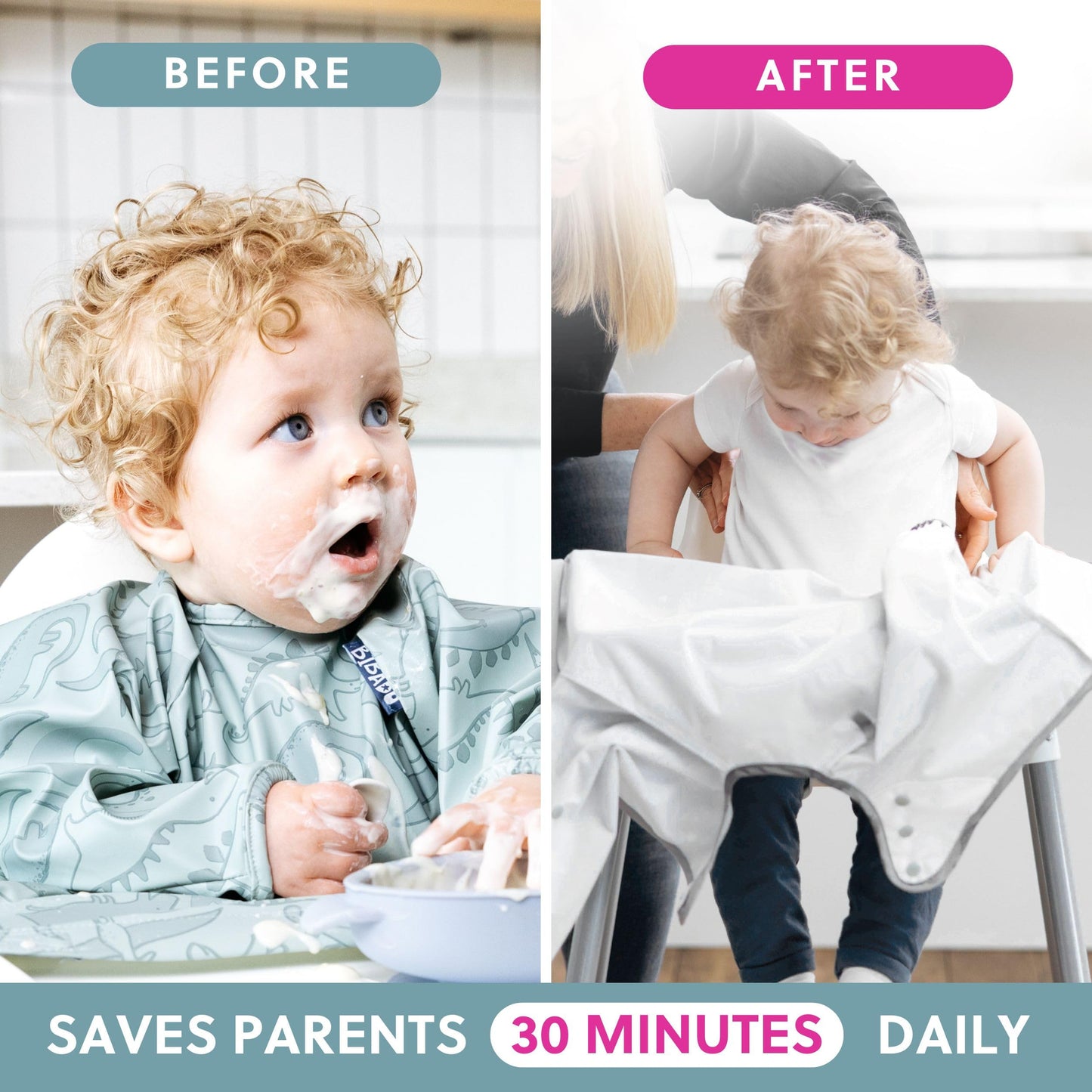 Bibado Baberos para bebé con mangas – Babero de destete LED para niños pequeños y bebés, 6-36 meses, se fija a sillas altas, cochecitos, mesas, Rugido de Dino, One Size