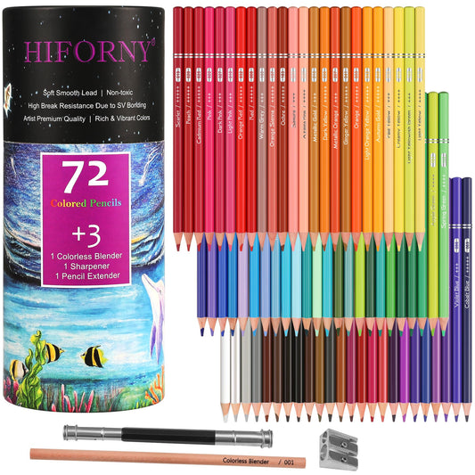 HIFORNY - Juego de 75 Lápices de Colores para Colorear Adultos, 72 Colores Con Extras, Núcleo Suave de Artistas, Colores Vibrantes, Lápices de Dibujo, Suministros de Manualidades para Adultos