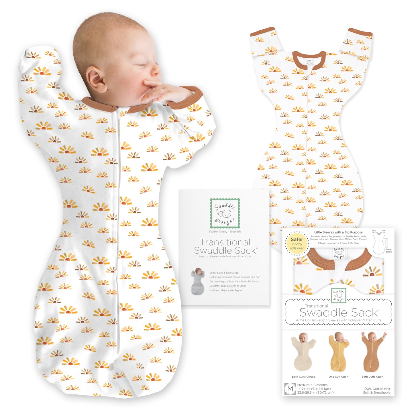 SwaddleDesigns - Saco de Envolver de transición con Brazos hasta Mangas de Media Longitud y puños de manopla, Grande, 6-9 Meses, 20-25 Libras, días soleados de Acuarela (Envoltura de Brazos Arriba,
