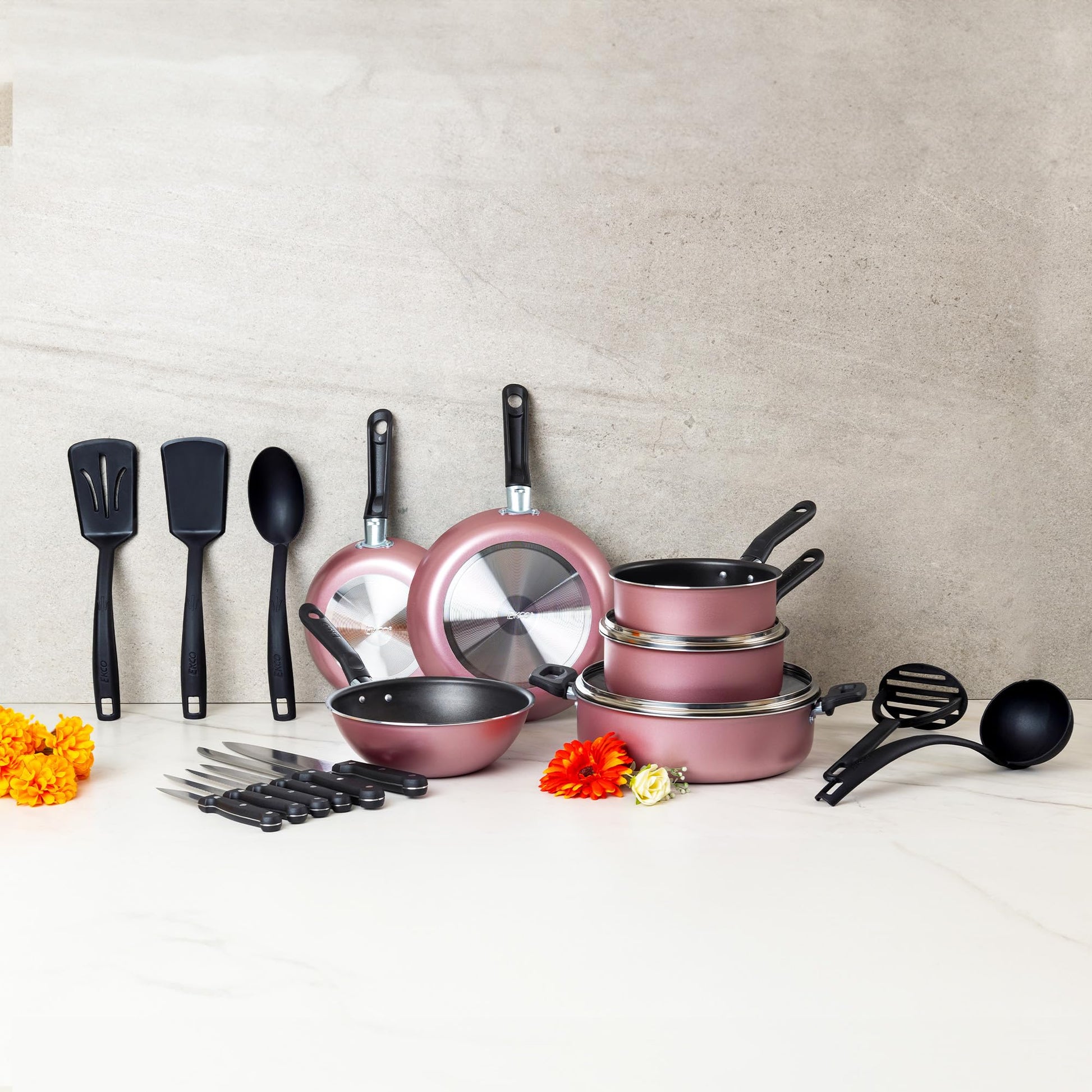 Batería de Cocina Ekco Rosa Antiadherente Serum 19 Piezas de Aluminio