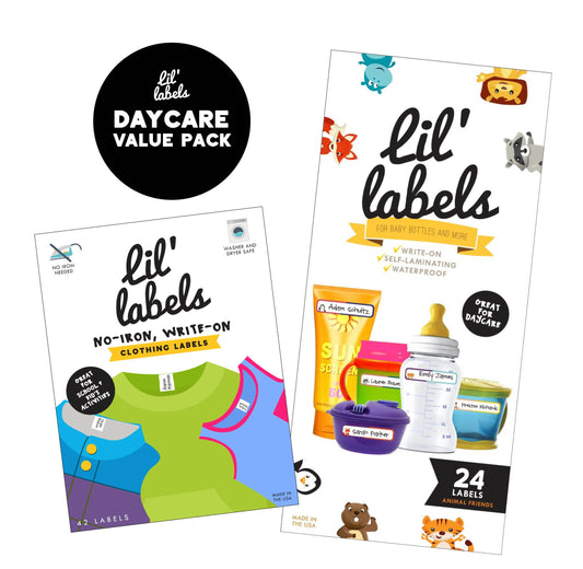 Lil' Labels Daycare Value Pack Write on Name Labels, Waterproof, Baby Bottle Labels (Animal Friends) & Clothing Labels, Plus 2 Bonus Gifts