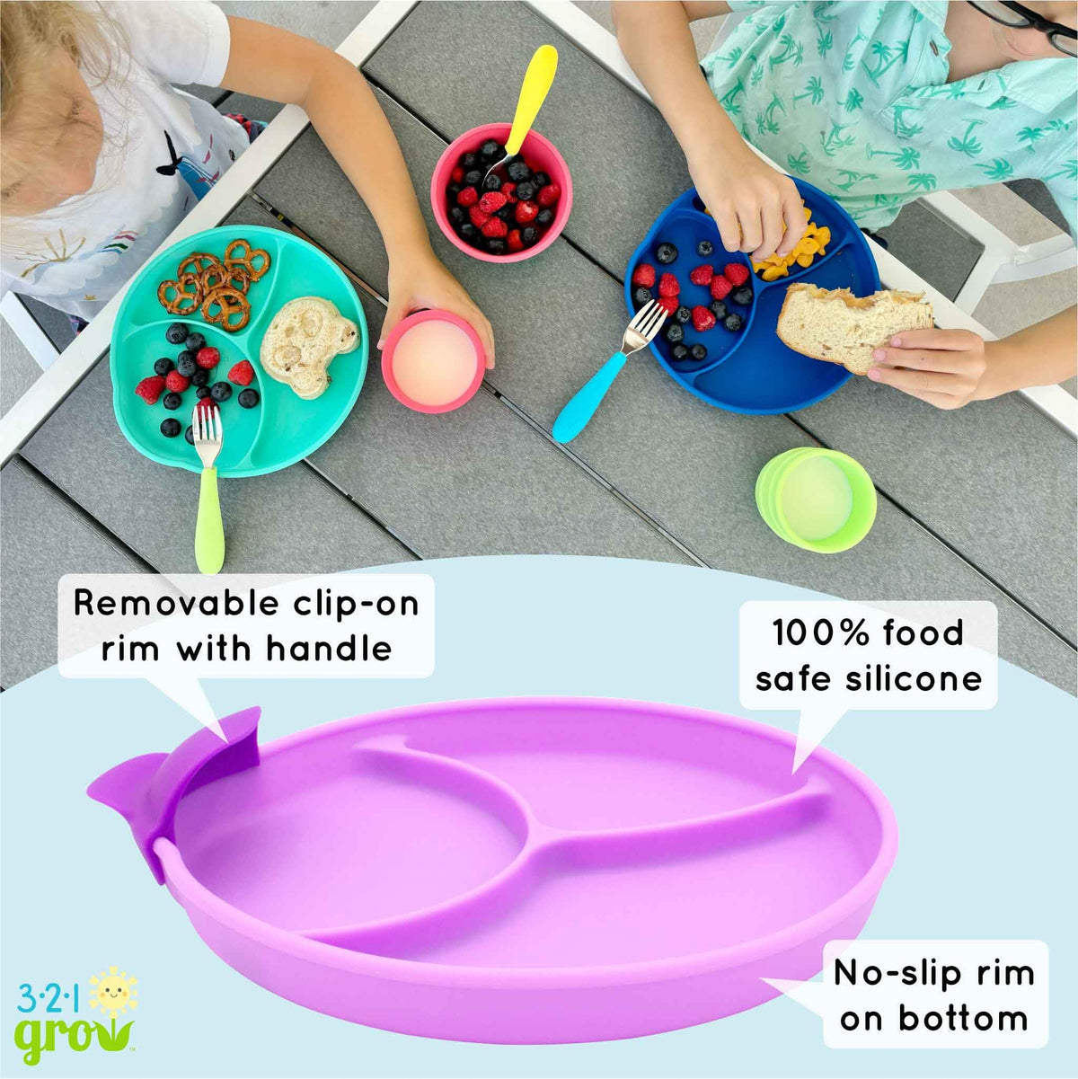 321 Grow • Juego de platos fáciles de cucharar y sostener • Juego de 2 platos • Placa de silicona para bebés, niños pequeños con divisores • Borde de clip para comidas fáciles y sin desorden • 6 meses