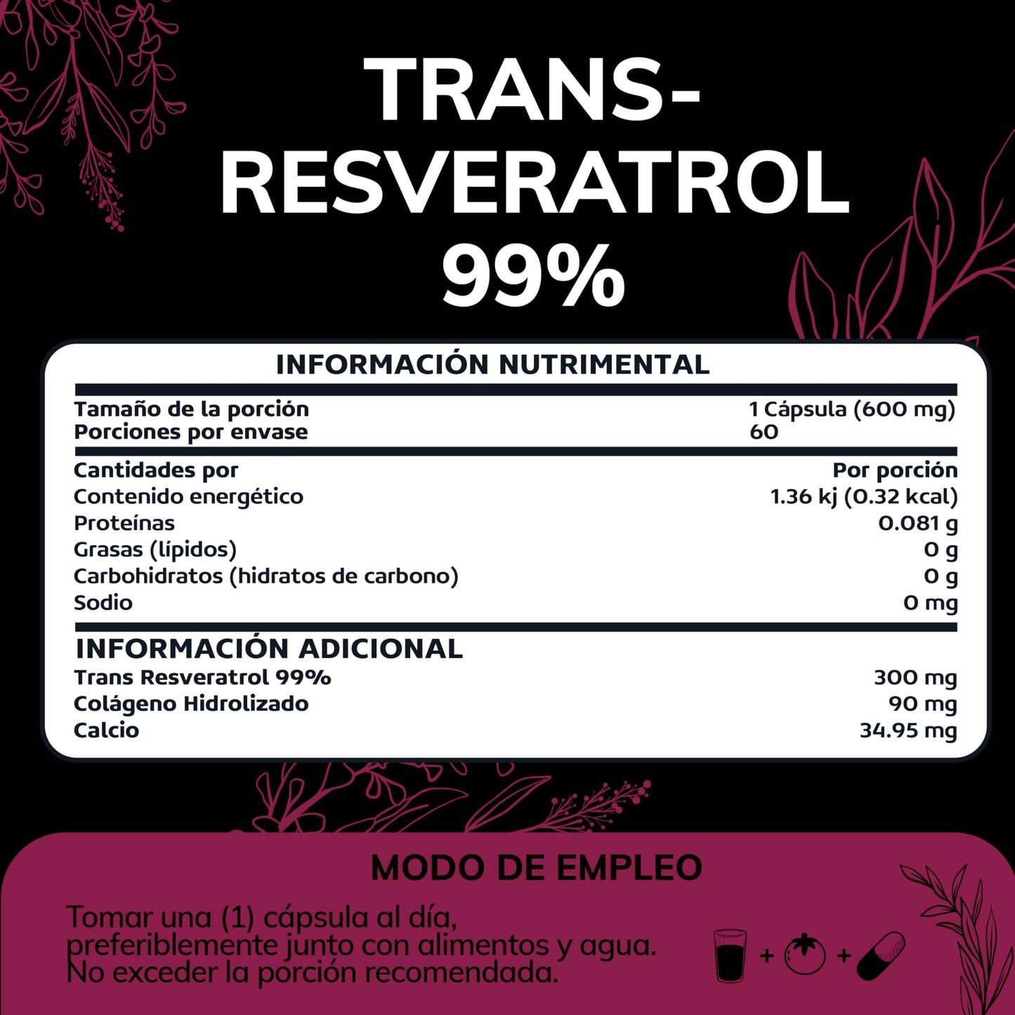 Cápsulas de Resveratrol Quotidien 99% Pureza Máxima con Colágeno Hidrolizado