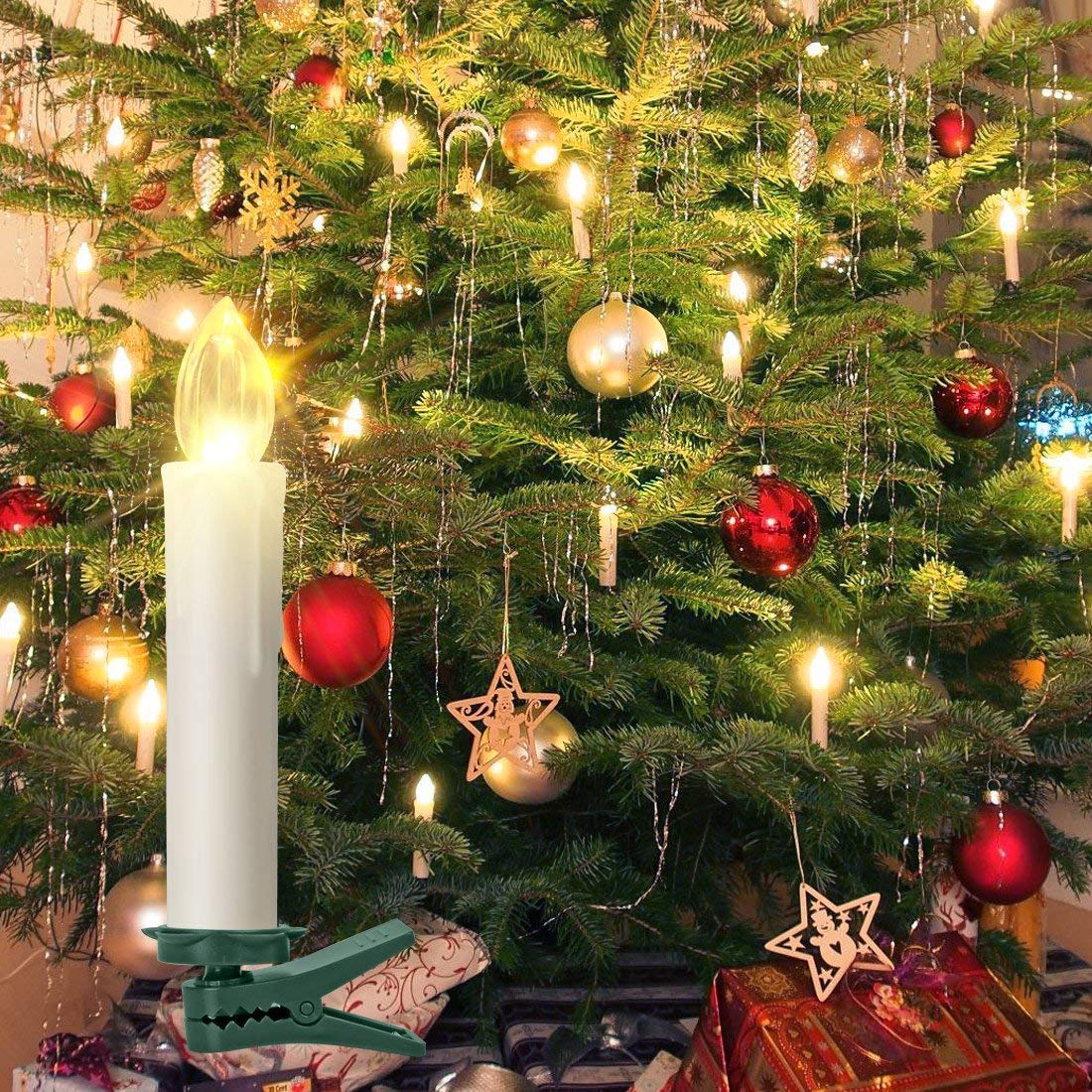 HANNAHONG - 10 velas LED sin llama con control remoto, mini cera falsa eléctrica, regulable, funciona con pilas, clips de ventanas para candelabro, corona, decoración de Navidad