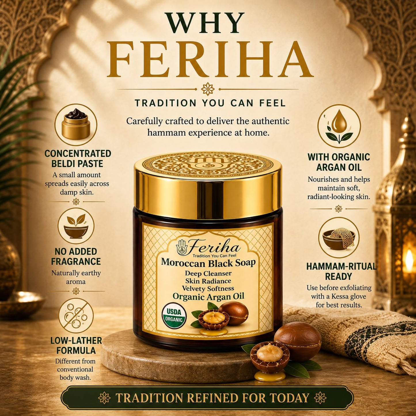 FERIHA- Jabón negro marroquí de primera calidad con aceite de argán orgánico, 100% auténtico, jabón artesanal Beldi, de origen Cr