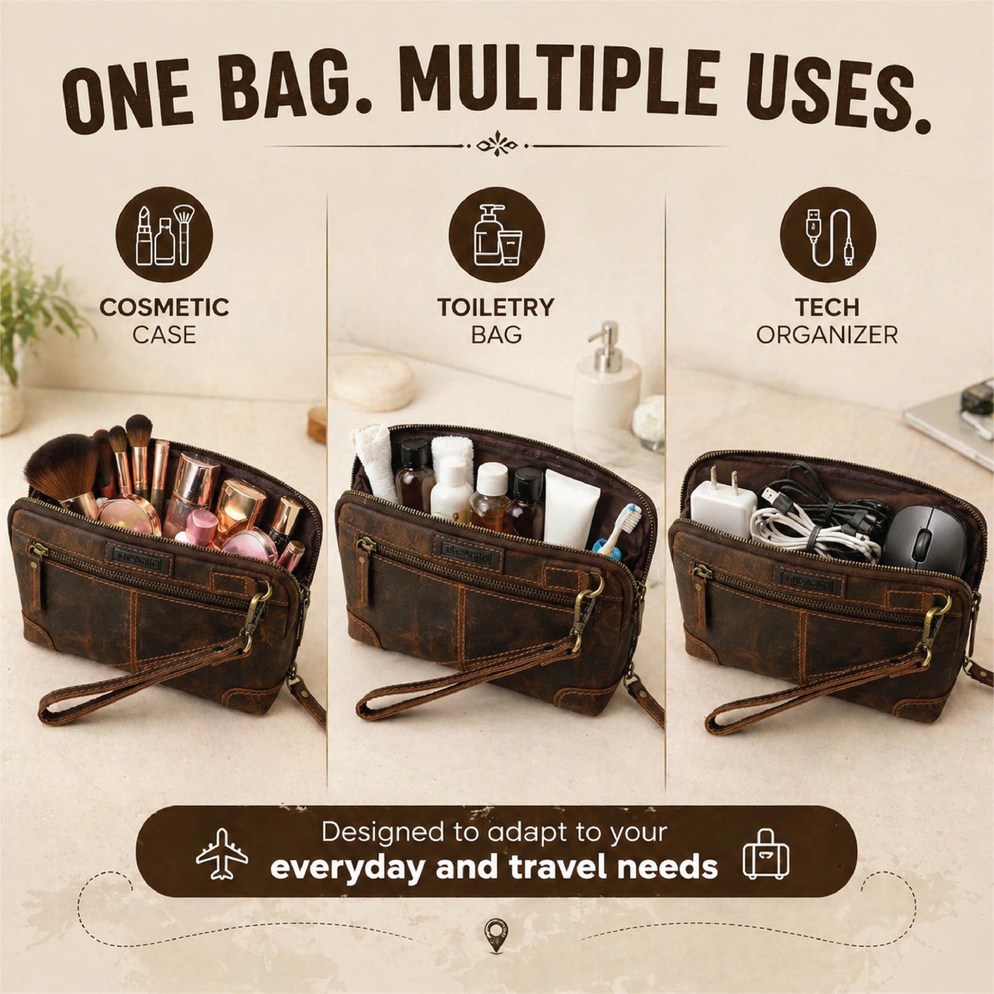 TheAntiq - Bolsa de maquillaje de piel auténtica, organizador de viaje, bolsa de cosméticos hecha a mano, con cierre y correa para la muñeca, Bolsa de maquillaje de viaje café, Estándar