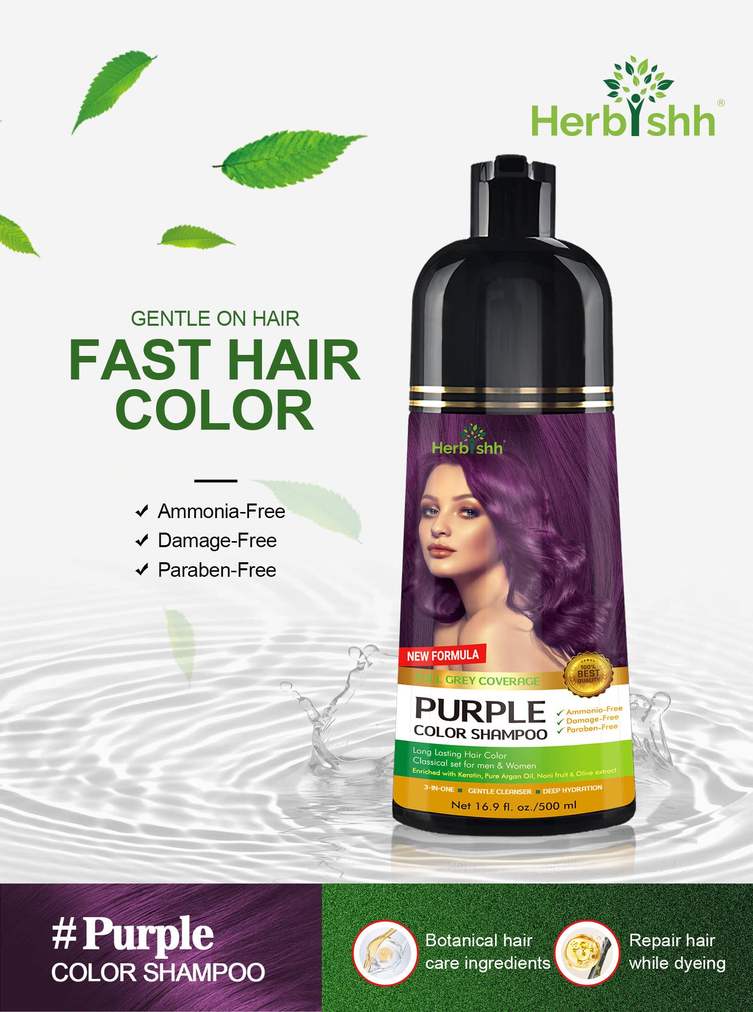 Herbishh - Champú colorante para cabello gris, champú con tinte natural para el cabello, colorea el cabello en minutos, dura hasta de 3 a 4 semanas, 500 ml, tinte de cabello 3 en 1, sin amoniaco | (morado)