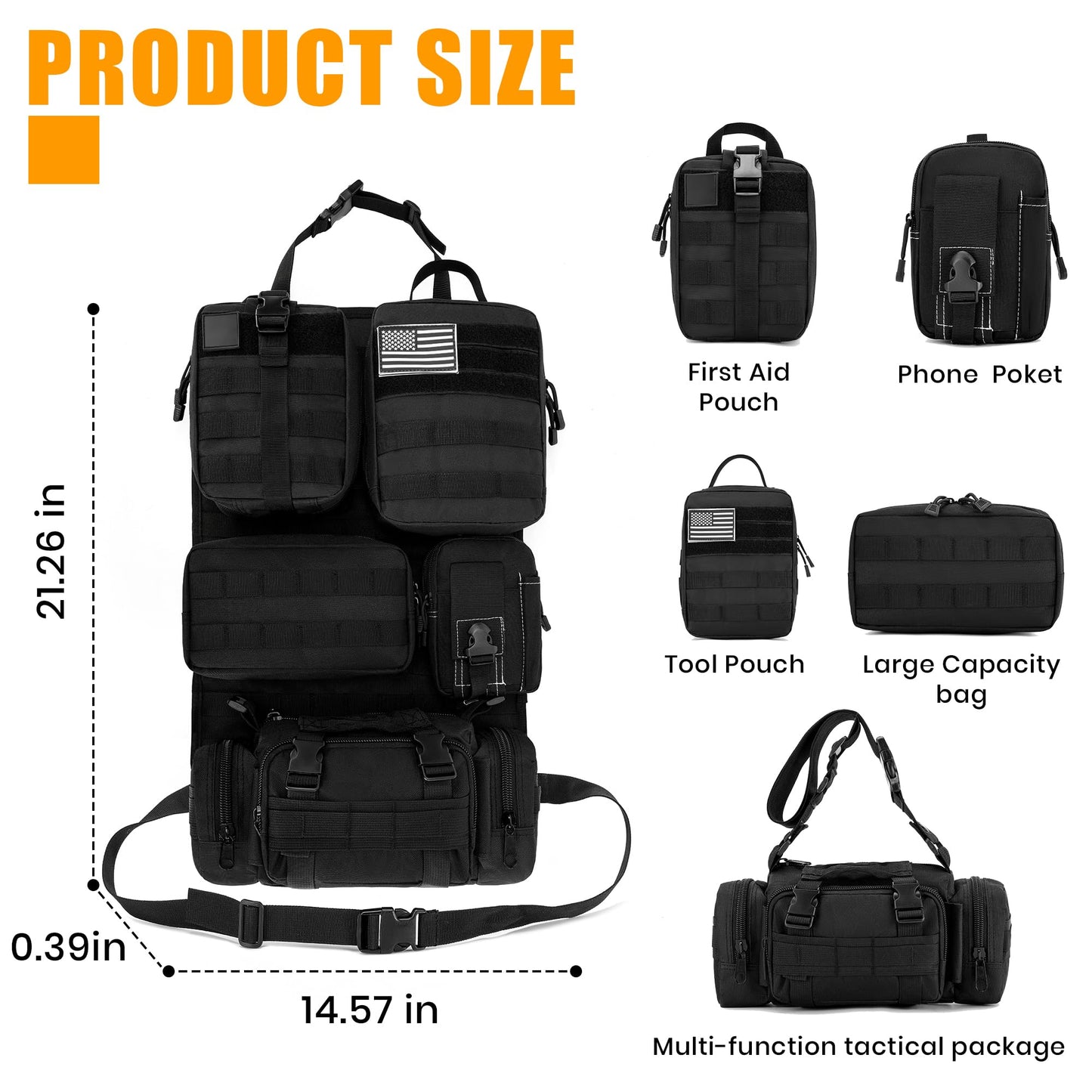 HMLIN OUTOOORS Paquete de 6 organizadores tácticos MOLLE para asiento de coche, negro, universal, con 5 bolsas MOLLE desmontables, parche y llavero de la bandera de Estados Unidos