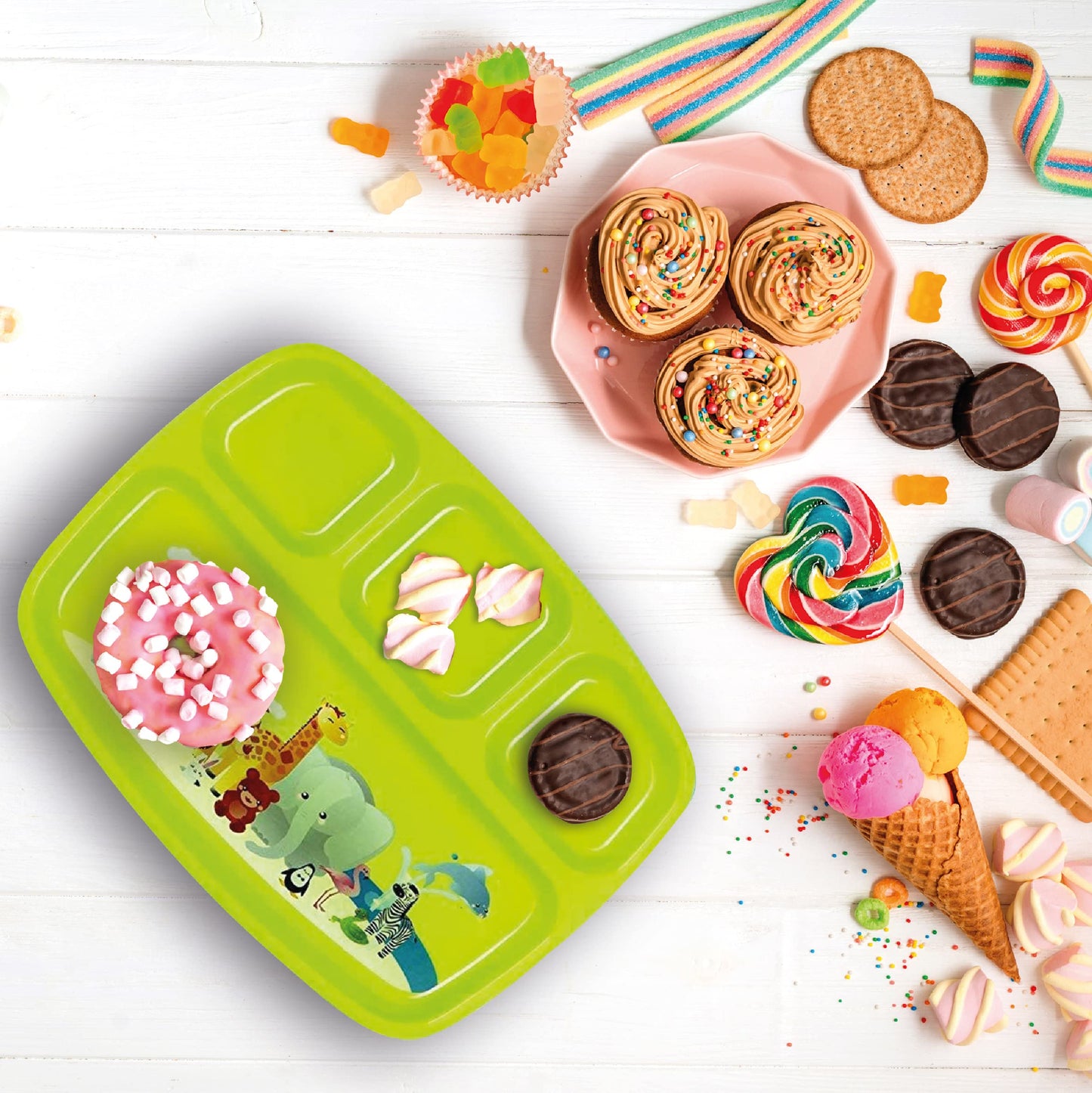 Platos de Plástico PLASKIDY Colores Brillantes con Divisores y Diseño de Zoológico para Niños