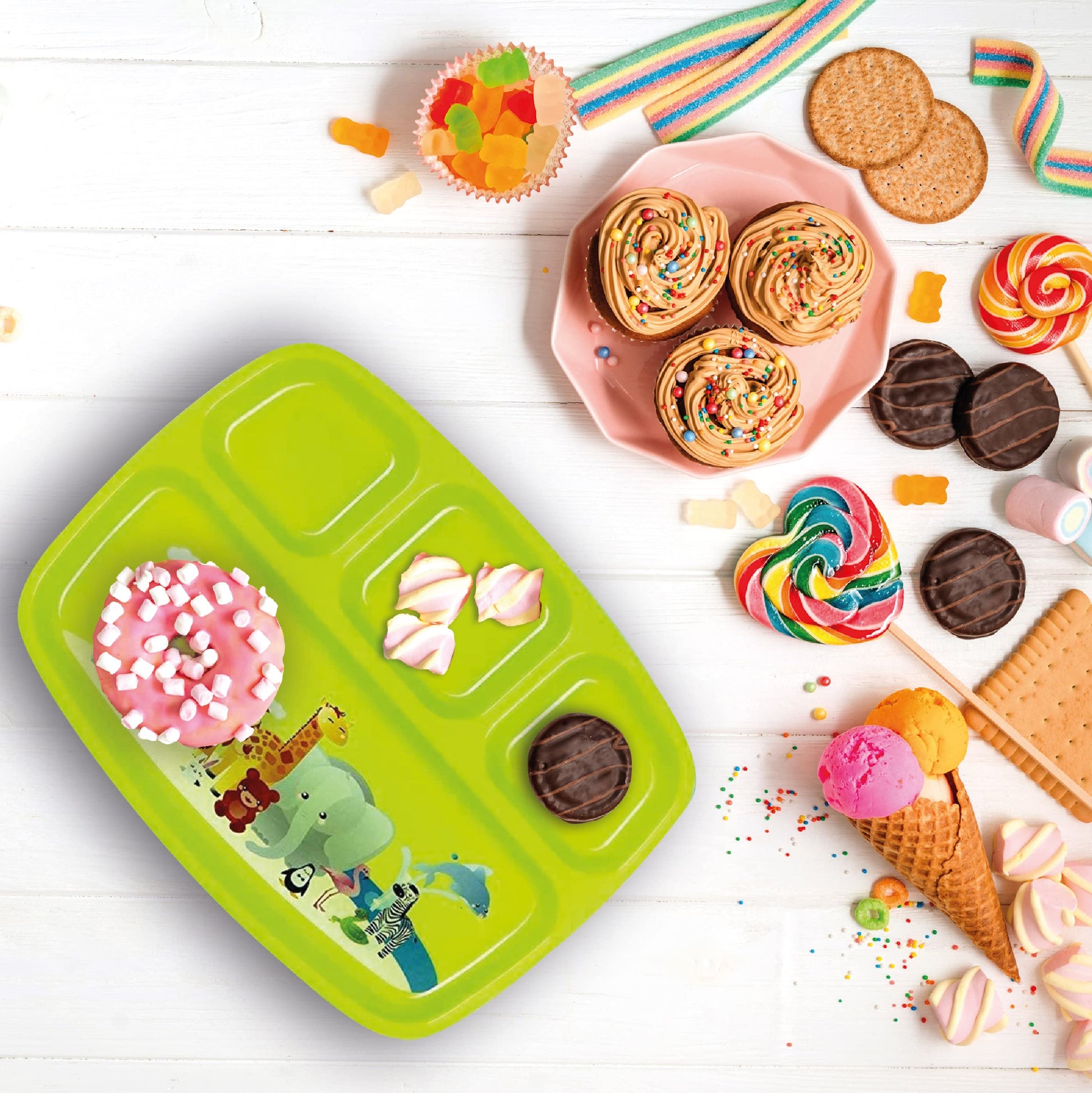 Platos de Plástico PLASKIDY Colores Brillantes con Divisores y Diseño de Zoológico para Niños
