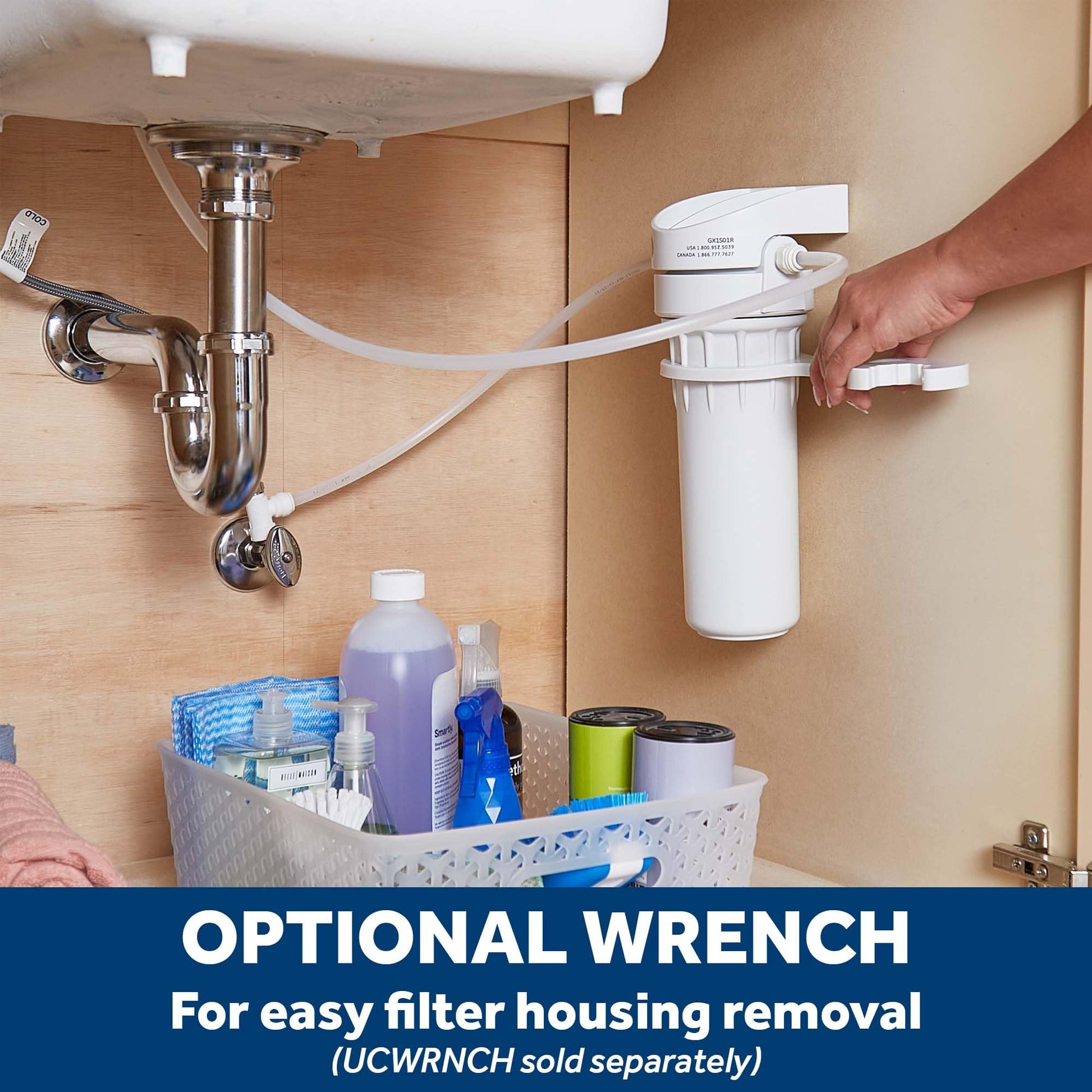 GE - Sistema de filtro de agua para todo el hogar | Sistema de filtración de agua reduce el plomo, el amianto y más | Kit de instalación y accesorios incluidos | Reemplazar filtros (FXUTC, FXULC, FXUVC) cada 6 meses | GX1S01R, 15 x 15.5 x 17 pulgadas
