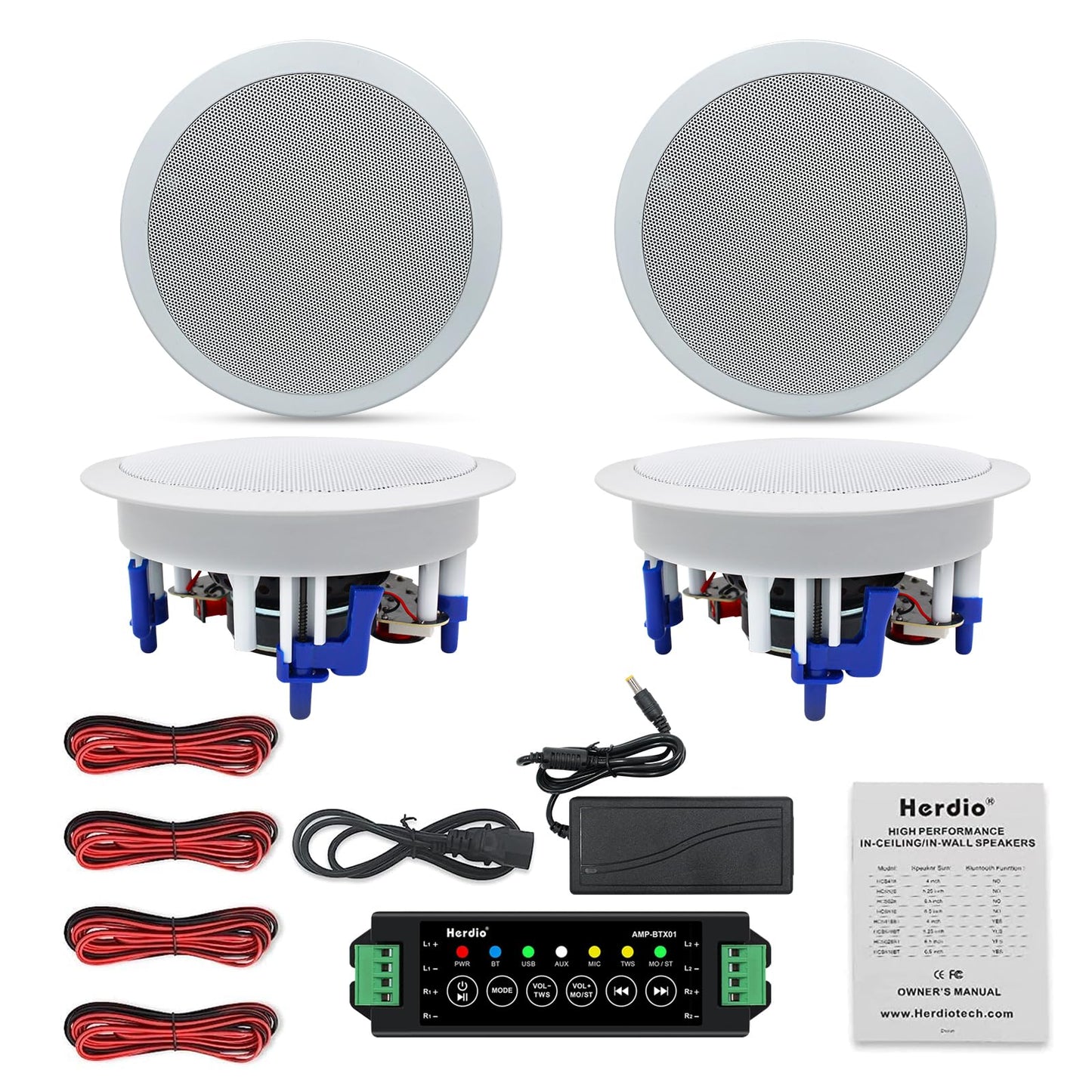 Herdio Sistema de Altavoces Compatible with Bluetooth de 5.25 Pulgadas, Montaje Empotrado en el Techo, Perfecto para Interiores y Exteriores, Dormitorio, baño, porches Cubiertos (4 Altavoces)