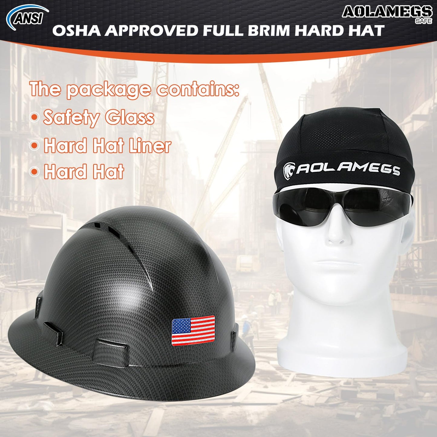 Casco de ala completa de fibra de carbono negro mate con gafas de seguridad y forro para hombres y mujeres, OSHA para construcción, seguridad con correa de barbilla y visera solar, perfil bajo