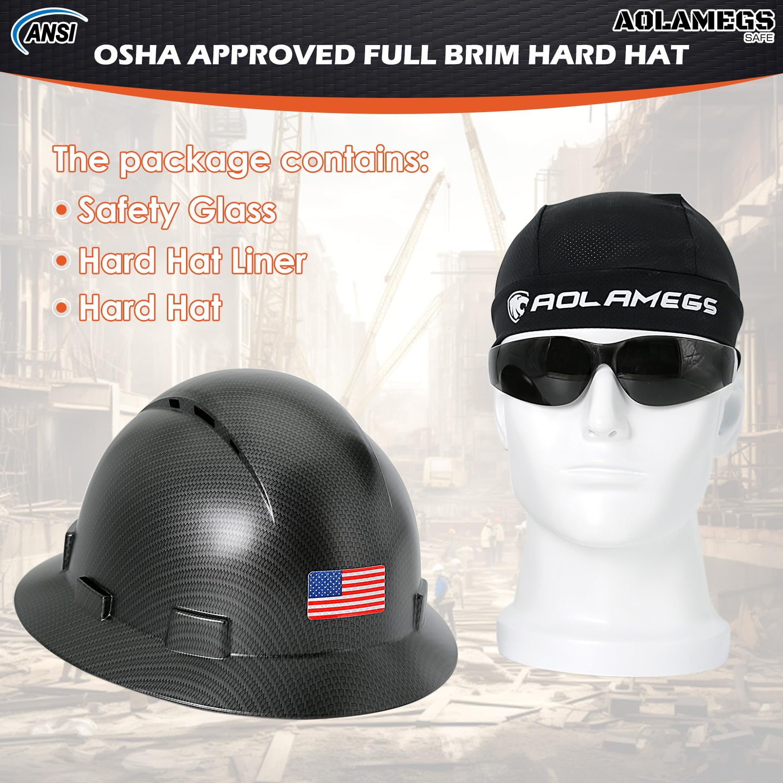 Casco de ala completa de fibra de carbono negro mate con gafas de seguridad y forro para hombres y mujeres, OSHA para construcción, seguridad con correa de barbilla y visera solar, perfil bajo