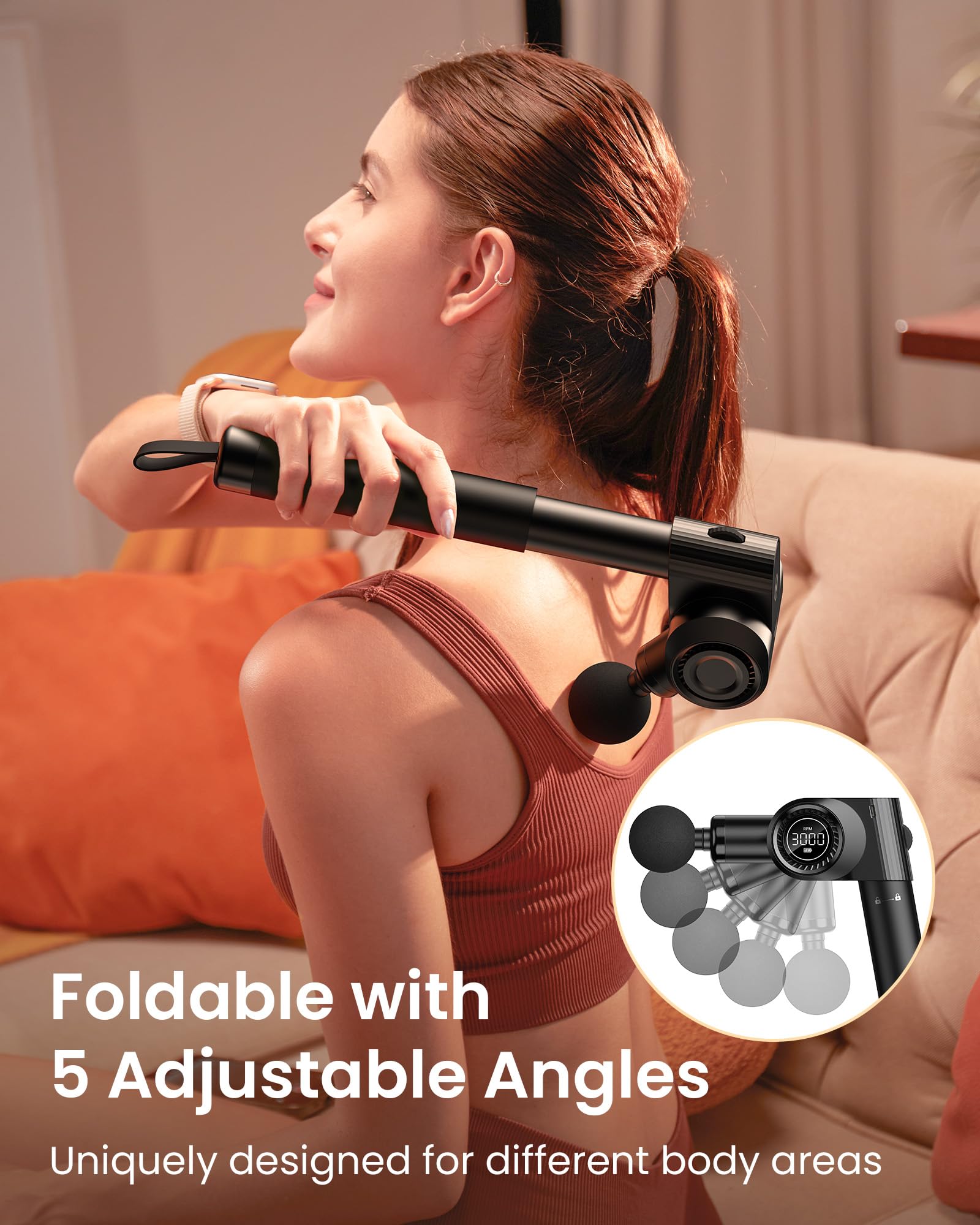 Napre Pistola de Masaje Masajeador Muscular Percusión Massage Gun Pistola Masajeadora Muscular,Espalda Cuello Hombro y relajar el cuerpo,Plegable con 5 Ángulos Ajustables,Mango de Metal de Larga Extensión,32 Velocidades,con Maletín de Transporte