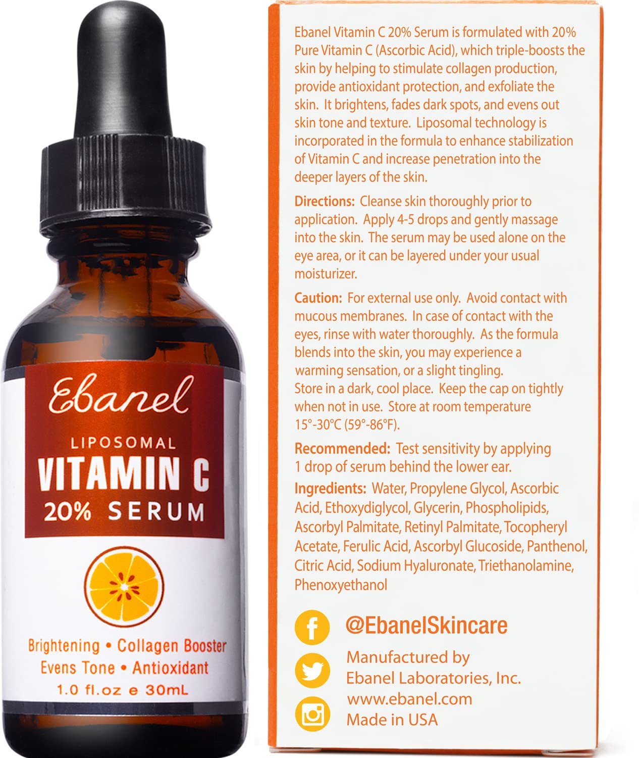 Ebanel 20% Vitamin C Face Serum with Hyaluronic Acid,1oz Max Strength Anti-Aging Anti-Wrinkle Ascorbic Acid Facial Serum Antioxidant with Collagen for Dark Spot,Fine Line,Skin Brightening and Firming
