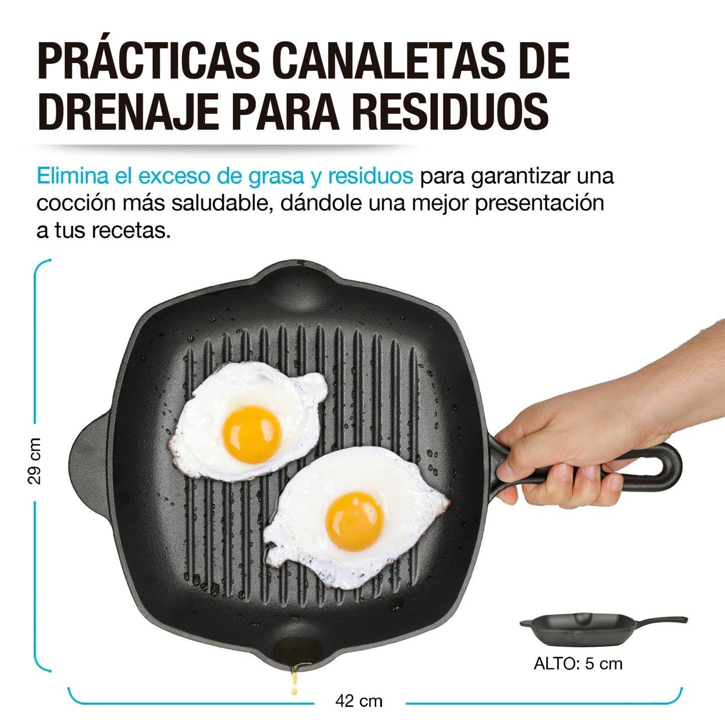 CASA LITUS Sartén de Hierro Fundido Precurado tipo Parrilla Extra Grande (2 Litros), Plancha para Asar con Superficie Acanalada, Mango y Vertederos Laterales, para Estufa de Gas, Horno o Fuego Directo