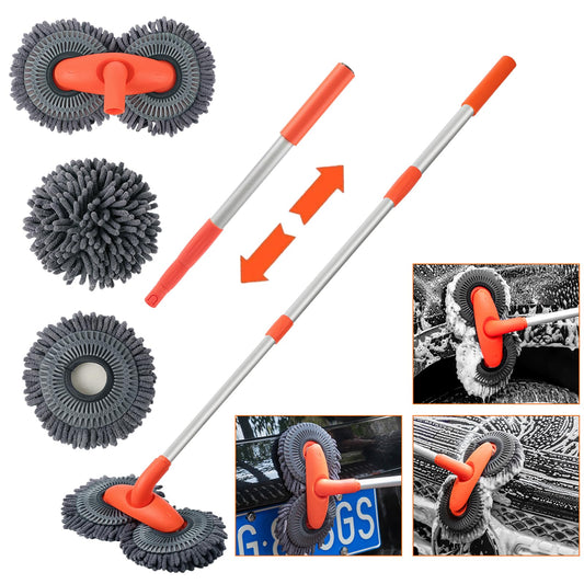 BYHANG Cepillo para Lavar Carros con Mango Largo, Juego de Cepillos para Limpieza de Coches, con 360° Cepillo Giratorio de Doble Cabezal, para Limpiar Coches, Neumáticos (Color Naranja)