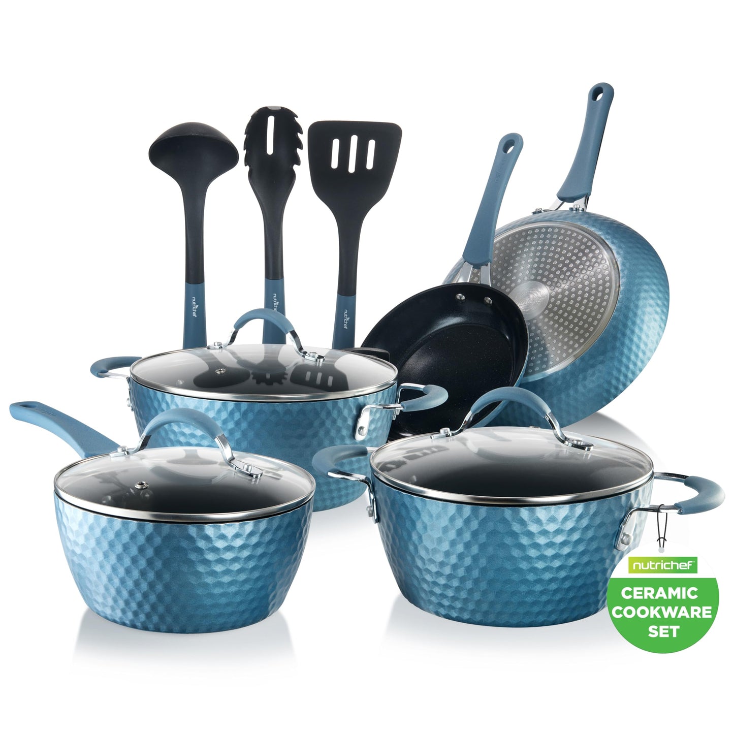 nutrichef Nonstick Cookware Excilon, Home Kitchen Ware Pots Pan Set with Saucepan, Frying Pans, Cooking Pots, Lids, Utensil PTFE/PFOA/PFOS Free, 11 Pcs, Azul Royal