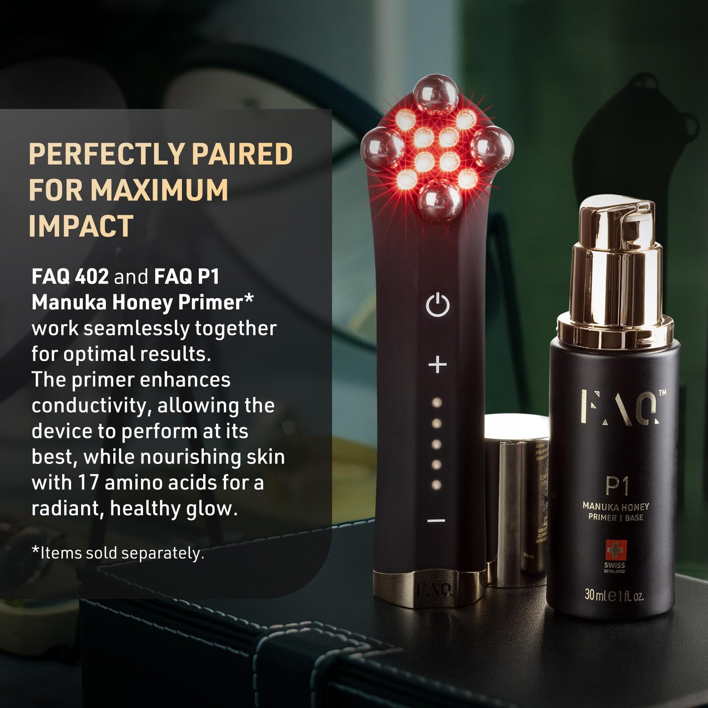 FAQ 402 Lifting Facial con Doble Microcorriente – Masajeador Facial Antiarrugas y Gua Sha con Luces LED Roja, Azul e Infrarroja, Drenaje Linfático, Contorno de Ojos, Skincare y Belleza