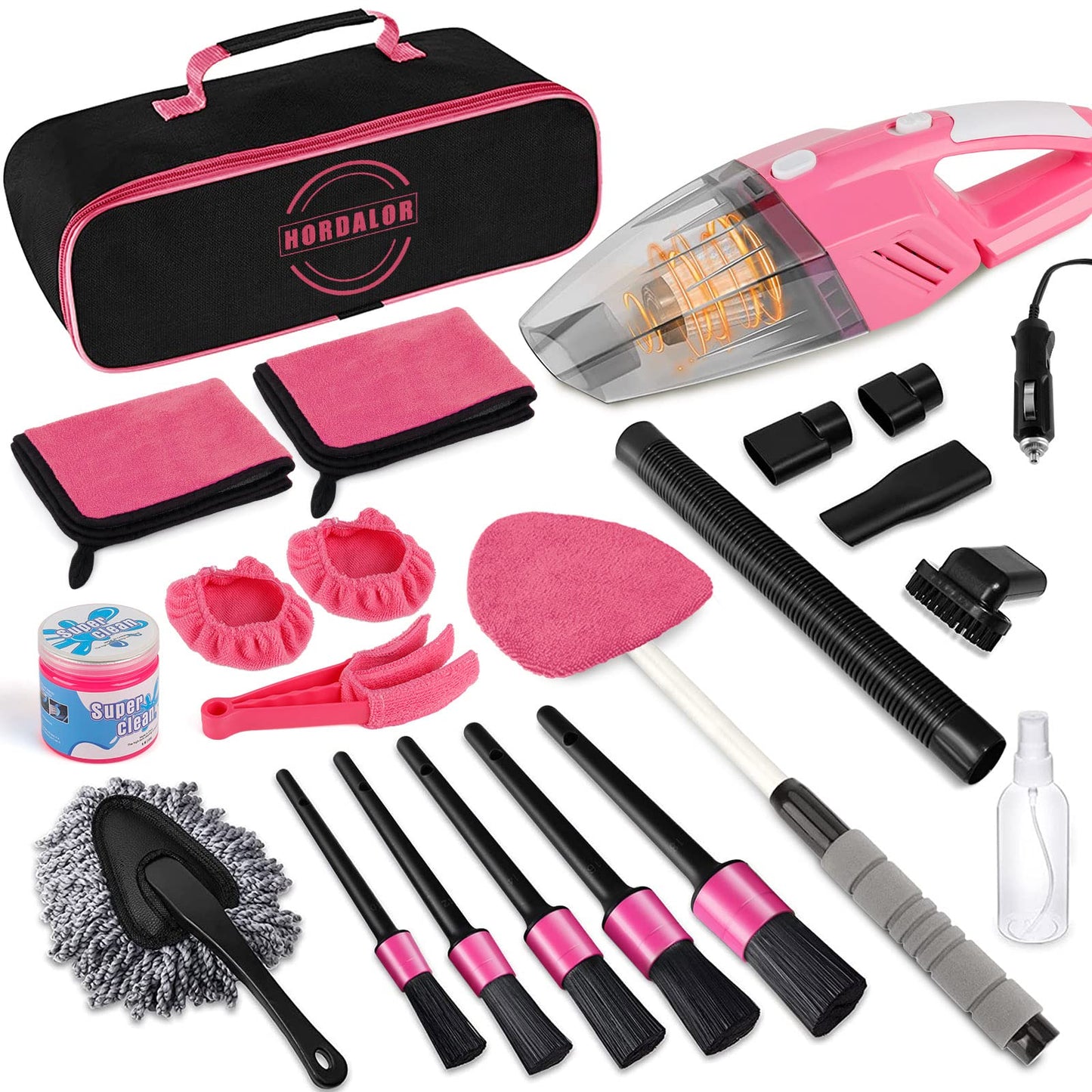 HORDALOR - Kit de detalles de interior de coche, 16 piezas de kit de limpieza de coche con aspiradora de mano de alta potencia, juego de cepillos de detalles, gel de limpieza, herramienta de limpieza