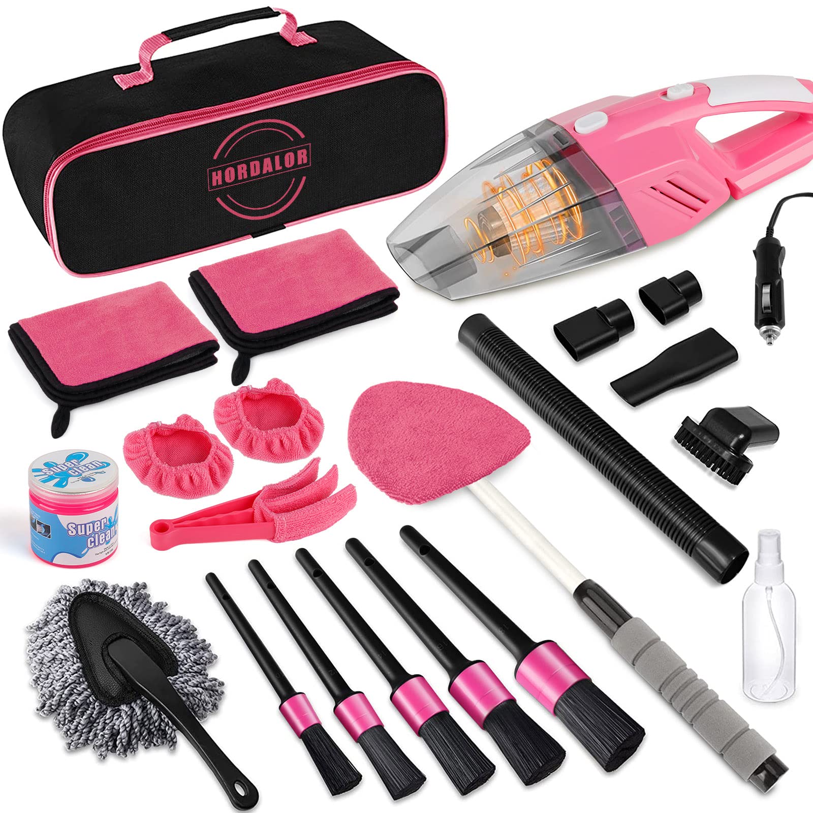HORDALOR - Kit de detalles de interior de coche, 16 piezas de kit de limpieza de coche con aspiradora de mano de alta potencia, juego de cepillos de detalles, gel de limpieza, herramienta de limpieza