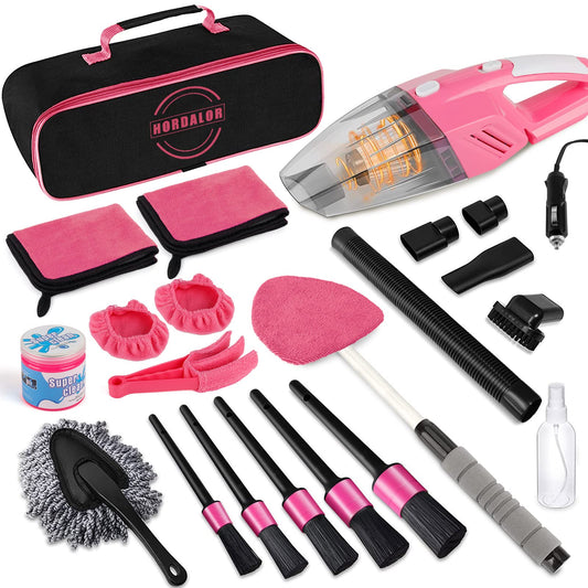 HORDALOR - Kit de detalles de interior de coche, 16 piezas de kit de limpieza de coche con aspiradora de mano de alta potencia, juego de cepillos de detalles, gel de limpieza, herramienta de limpieza