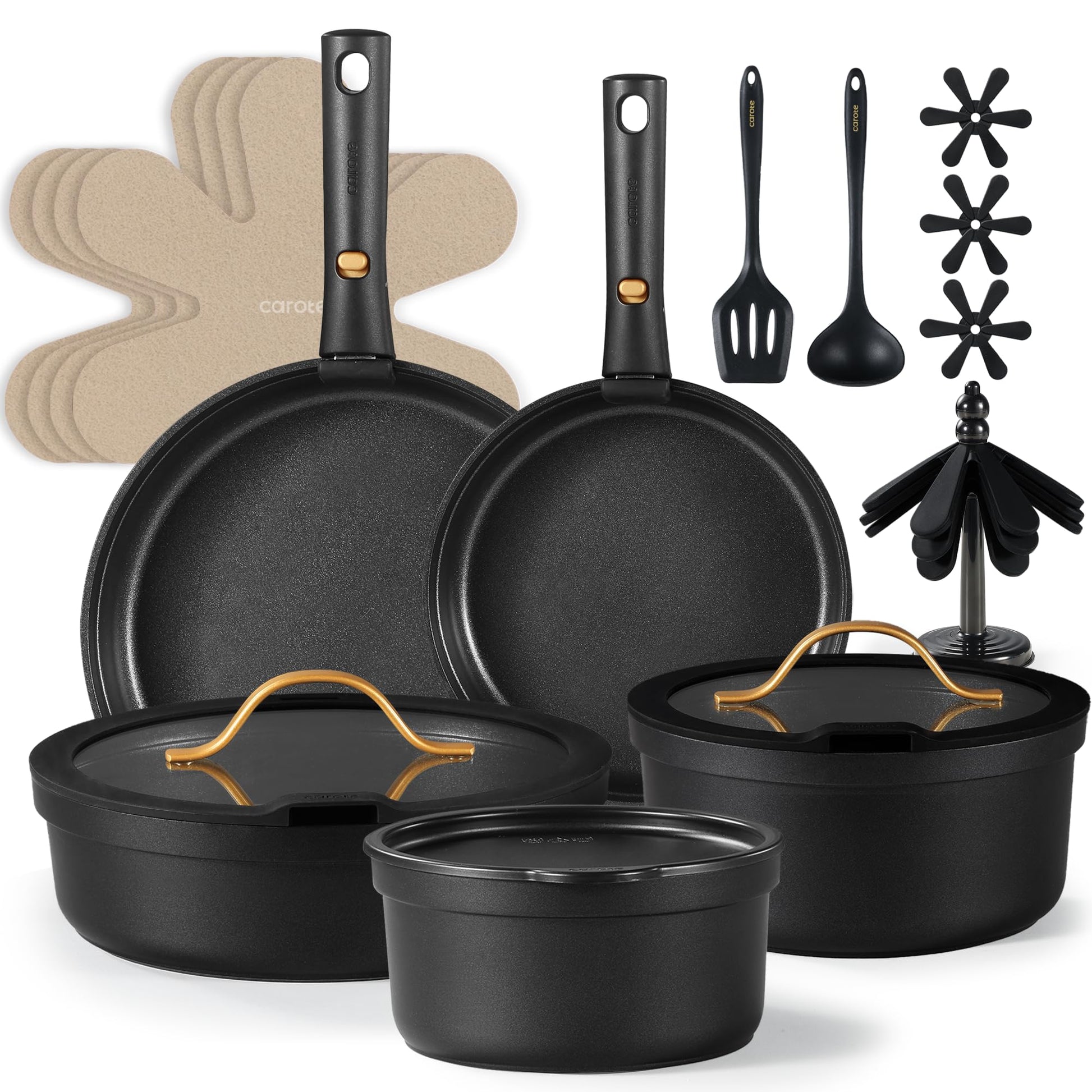 CAROTE - Juego de 20 ollas y sartenes antiadherentes, aptos para lavavajillas, horno y refrigerador, mango extraíble, utensilios de cocina aptos para horno RV, juego de cocina de inducción, negro