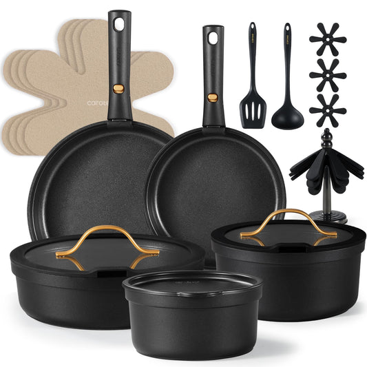 CAROTE - Juego de 20 ollas y sartenes antiadherentes, aptos para lavavajillas, horno y refrigerador, mango extraíble, utensilios de cocina aptos para horno RV, juego de cocina de inducción, negro