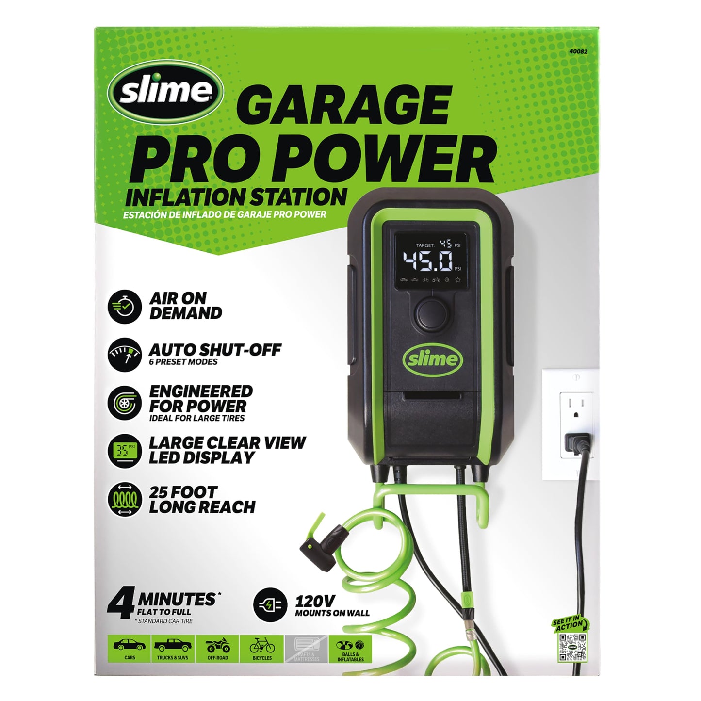 Slime 40082 Inflador de neumáticos, Garage Pro Power, estación de inflado, silencioso, potente, 120 V, montado en la pared, digital, 0-99 psi