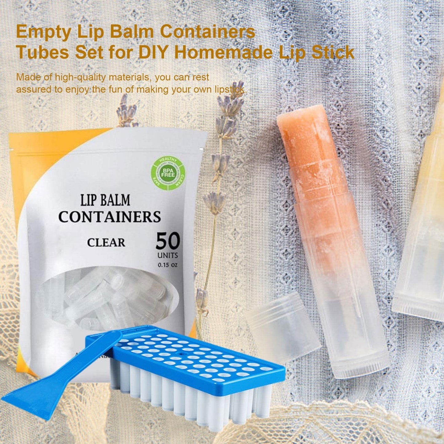 Greatideal bálsamo Labial, Kit Bandeja contenedor bálsamo Labial con Bandeja Relleno y espátula, 50 Piezas lápices labiales vacíos, llenado, molhecho a Mano, Paleta con raspad