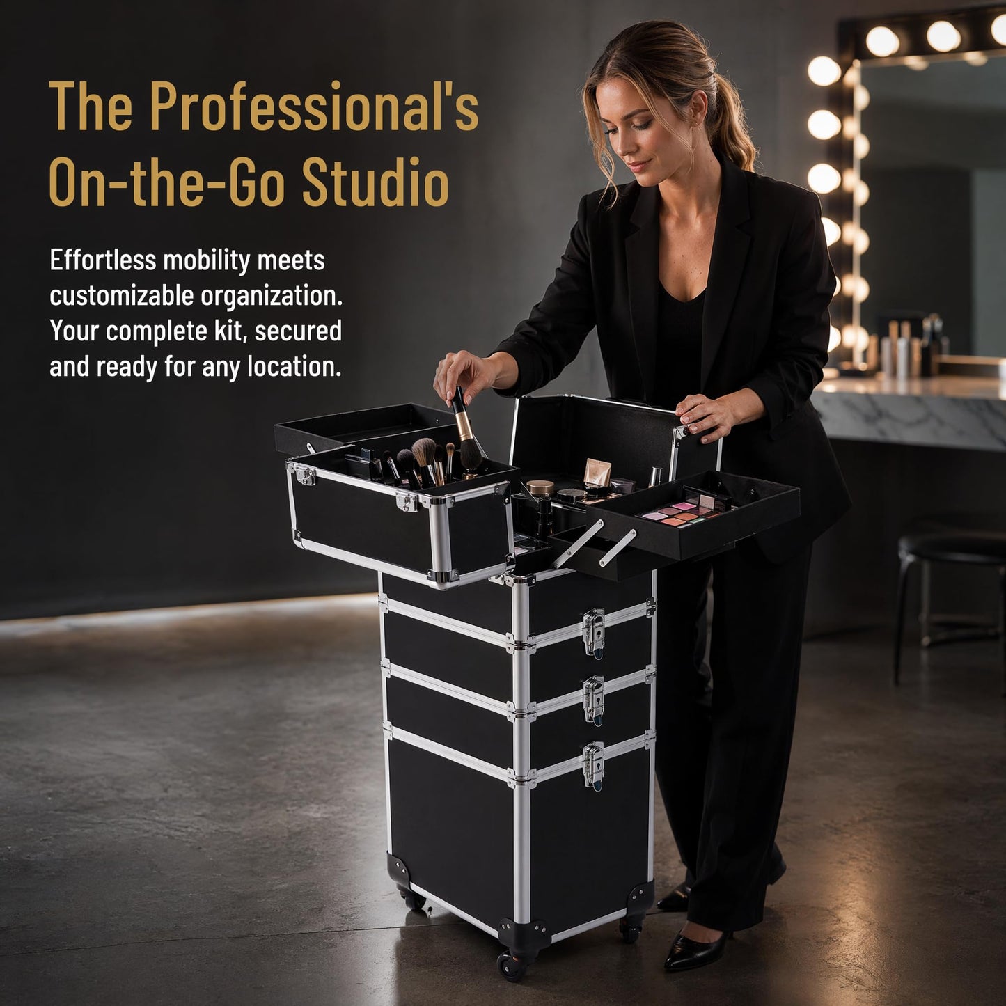 Gdsshuhung - Estuche de maquillaje para tren rodante, organizador profesional de cosméticos con marco de aluminio, bandejas plegables y ruedas, portátil para viajes y estudio, Rosa, Estuche de