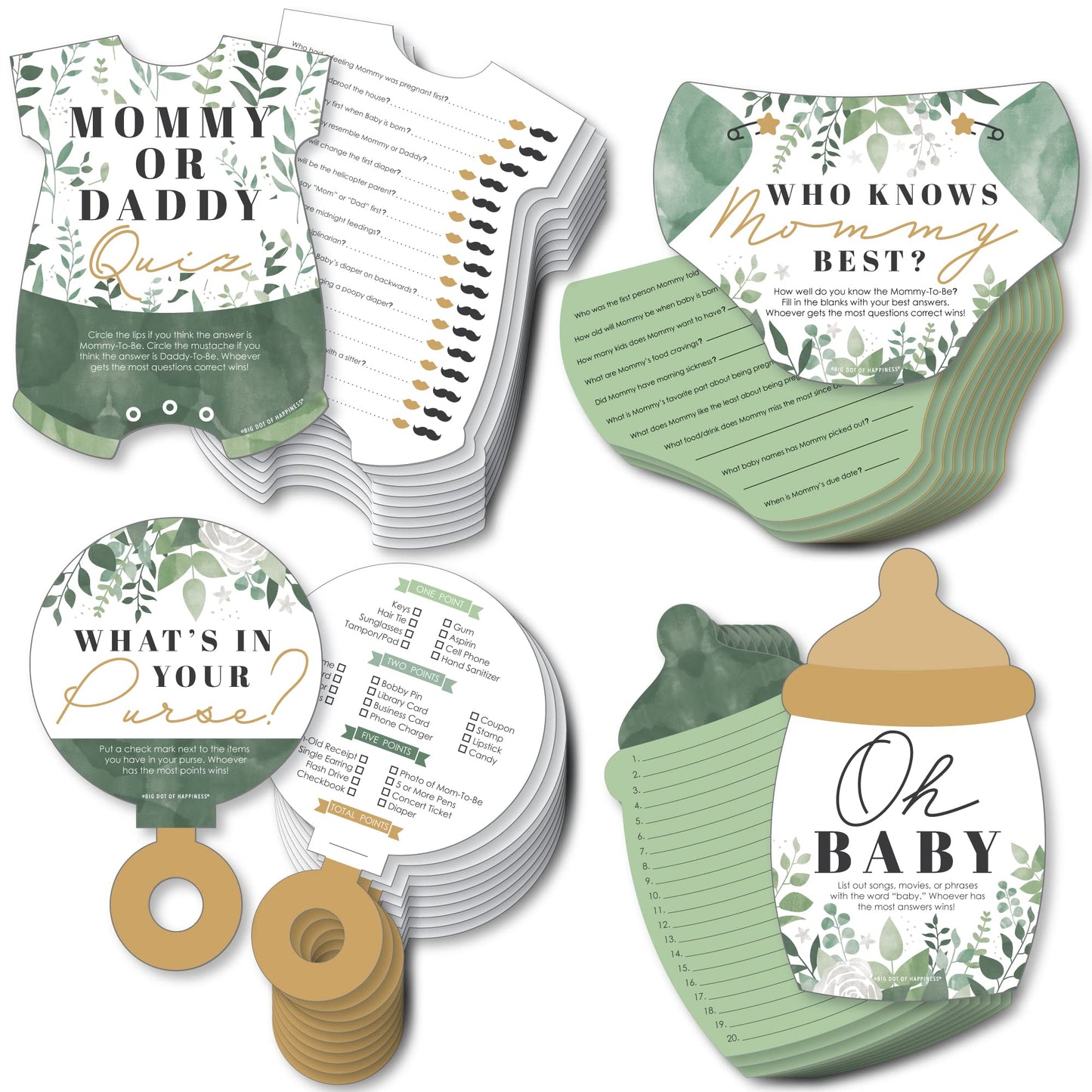 Big Dot of Happiness Boho Botanical Baby – 4 juegos de baby shower – 10 cartas cada una – Who Knows Mommy Best, Mommy or Daddy Quiz, What in Your Purse and Oh Baby – Paquete Gamerific