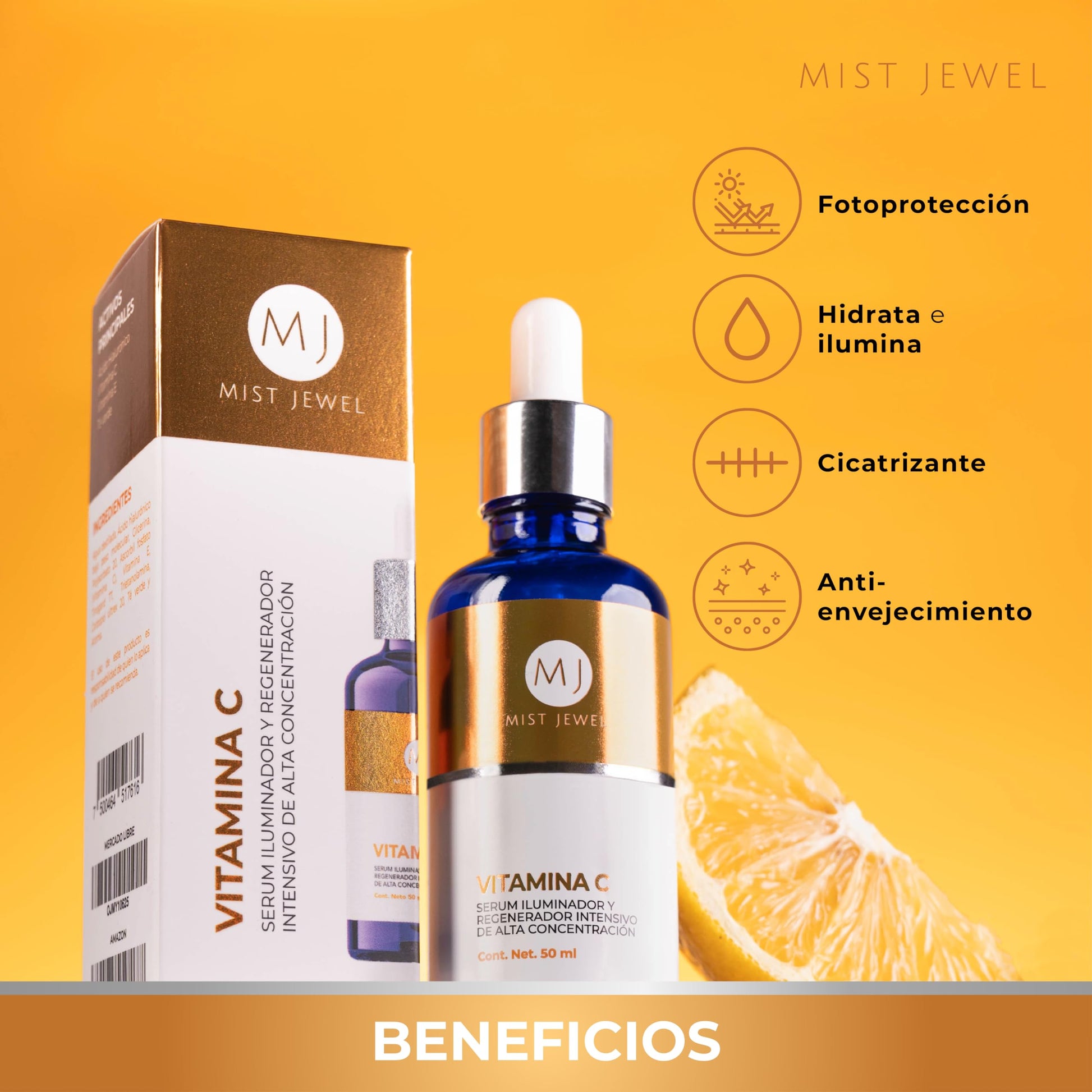 MIST JEWEL Suero vitamina C + Acido hialuronico + VIt E facial + Rosa mosqueta hidratante y protector piel | Serum con Efecto reparador y protector anti manchas cutis