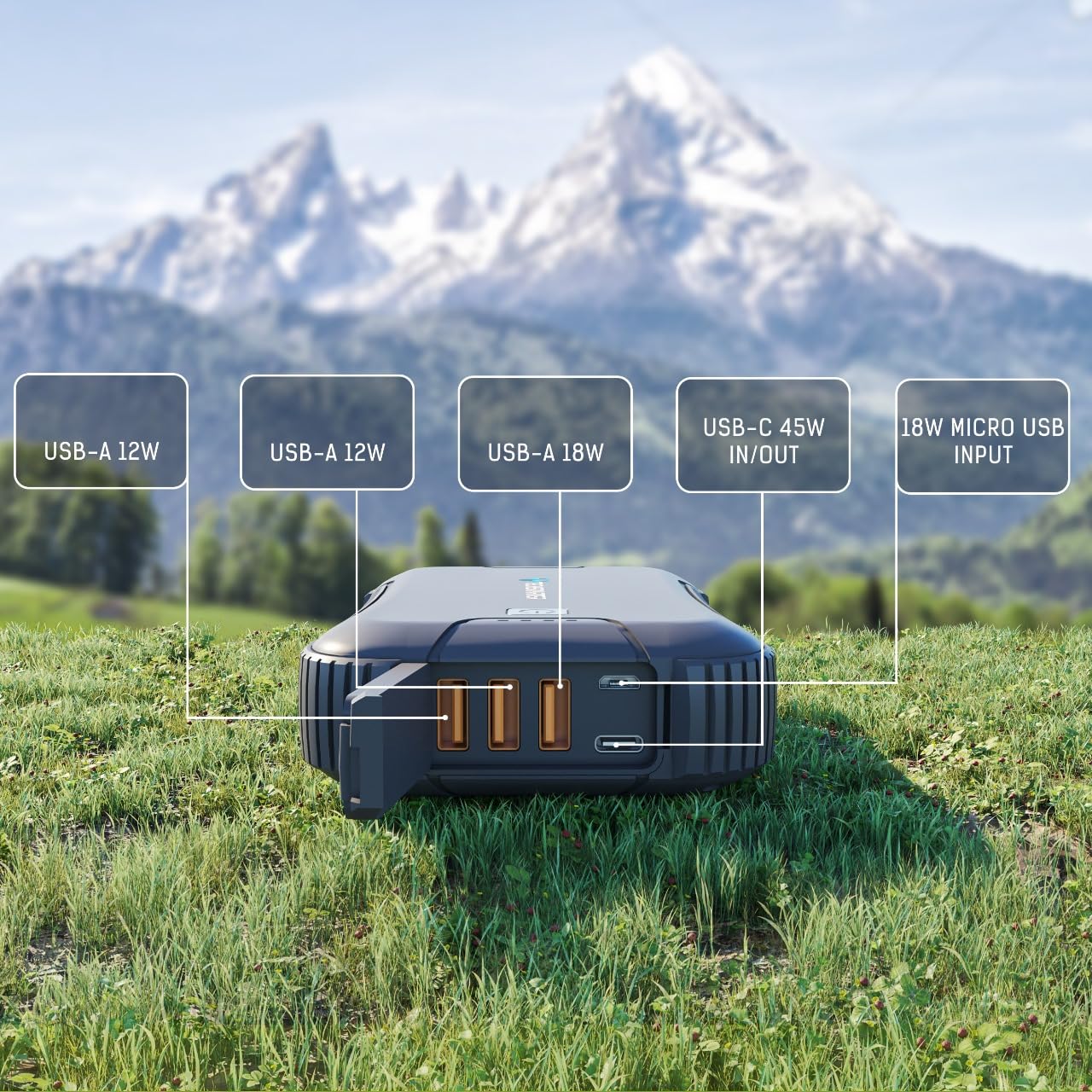 Banco de Energía Techsmarter Resistente e Impermeable 30000mah con Linterna para Acampar y al Aire Libre