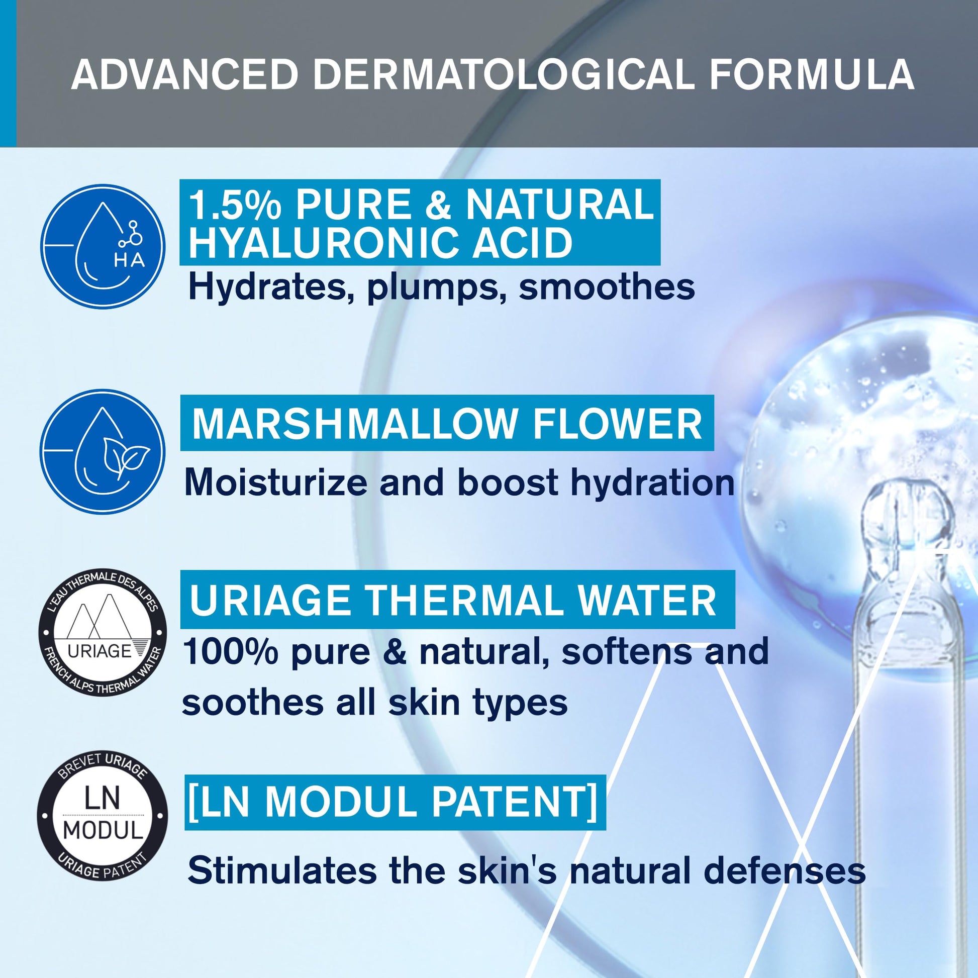 Uriage Eau Thermale sérum Booster con 1.5% de Ácido Hialurónico 30ml - 86% piel redensificada - Fórmula 97% natural - Efecto piel de melocotón, aroma agradable I Sin parabenos I No comedogénico