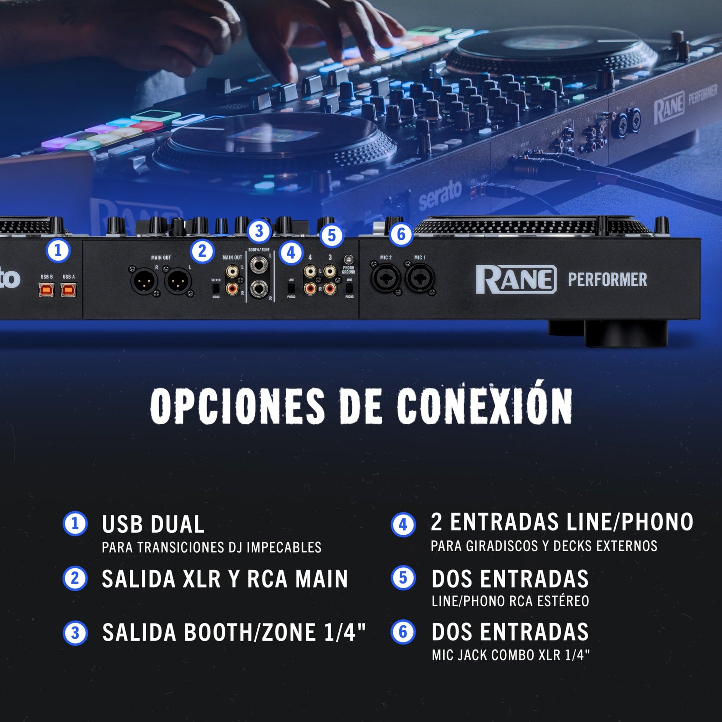 Controlador DJ Rane Performer Negro Motorizado 4 Canales con Platos 7" Displays Faders Precision Feel Stems FX Avanzado Serato DJ Pro