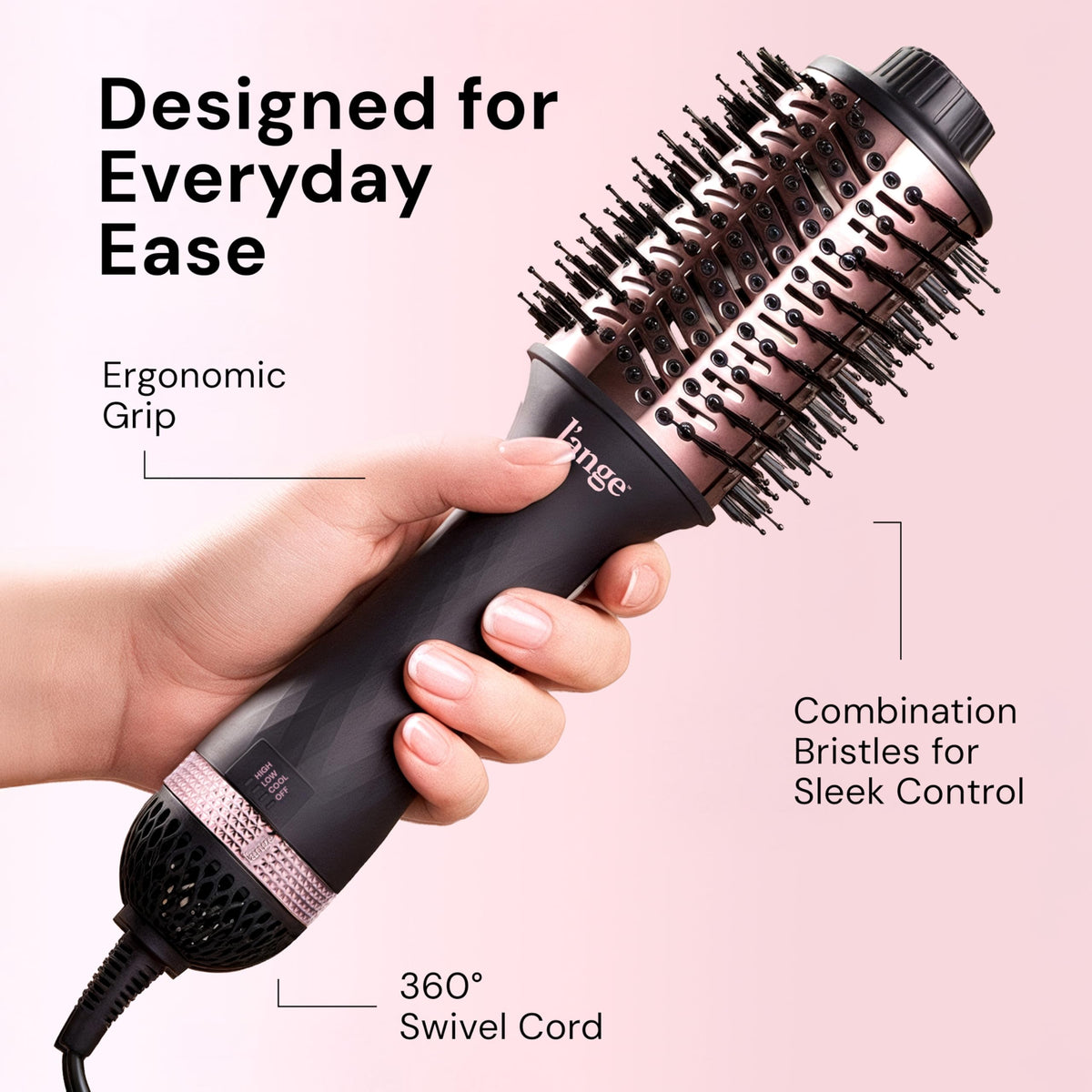Cepillo Secador de Titanio L'ANGE HAIR Negro 2 en 1 para Cabello Suave y sin Frizz