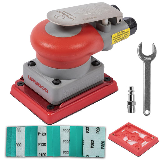 Lijadora orbital aleatoria neumática de 3 x 4 pulgadas, lijadora de palma ligera de 1/8 pulgadas (3 mm) de diámetro, órbita de 10000 rpm con almohadilla de respaldo adicional, 12 piezas de papel de