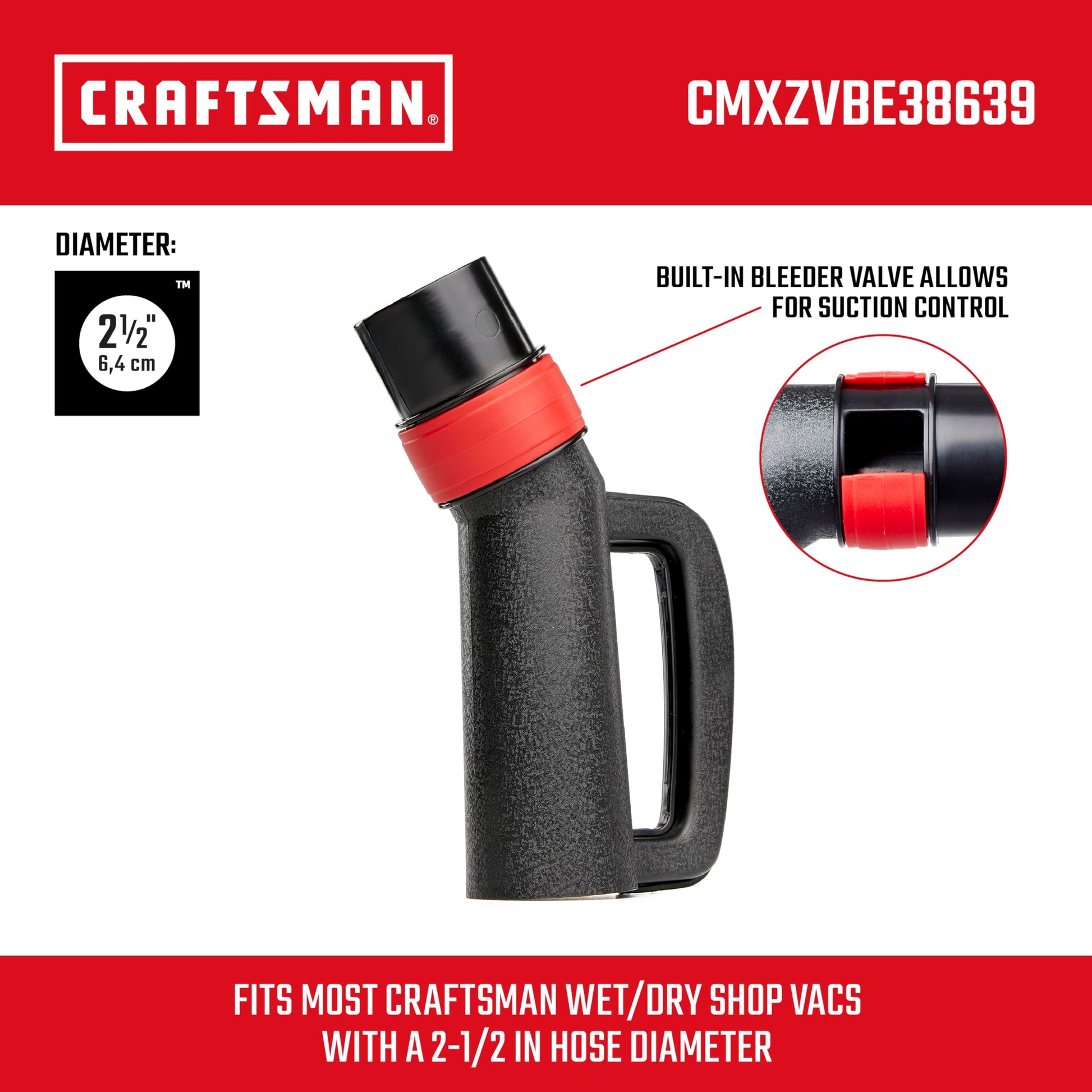 CRAFTSMAN CMXZVBE38639 2-1/2" Accesorio de mango de manguera de aspiradora húmedo y seco con válvula de purga para aspiradoras de tienda