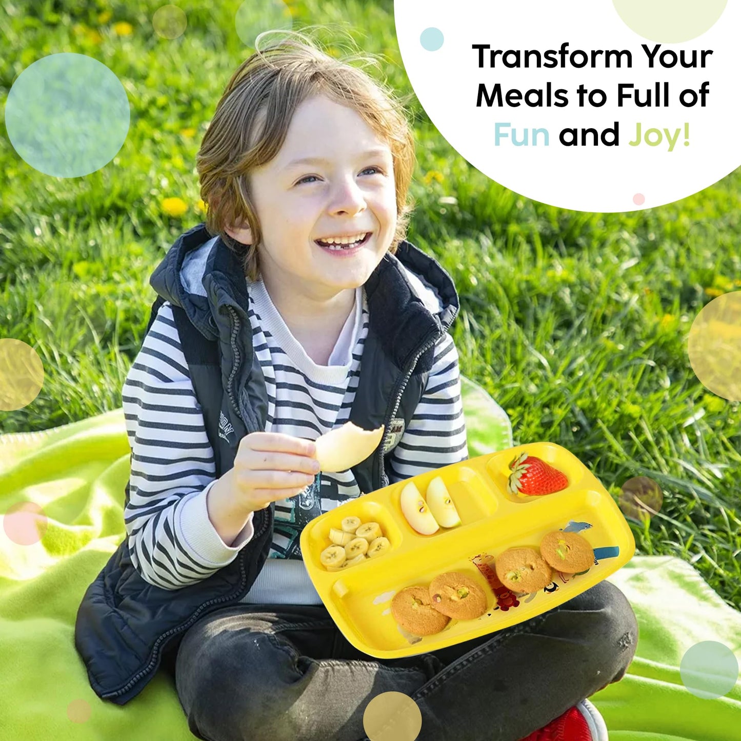 Platos de Plástico PLASKIDY Colores Brillantes con Divisores y Diseño de Zoológico para Niños