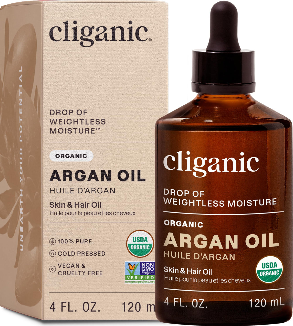 Cliganic Aceite de Argán Orgánico Ingrediente Único, Marruecos, 120 ml