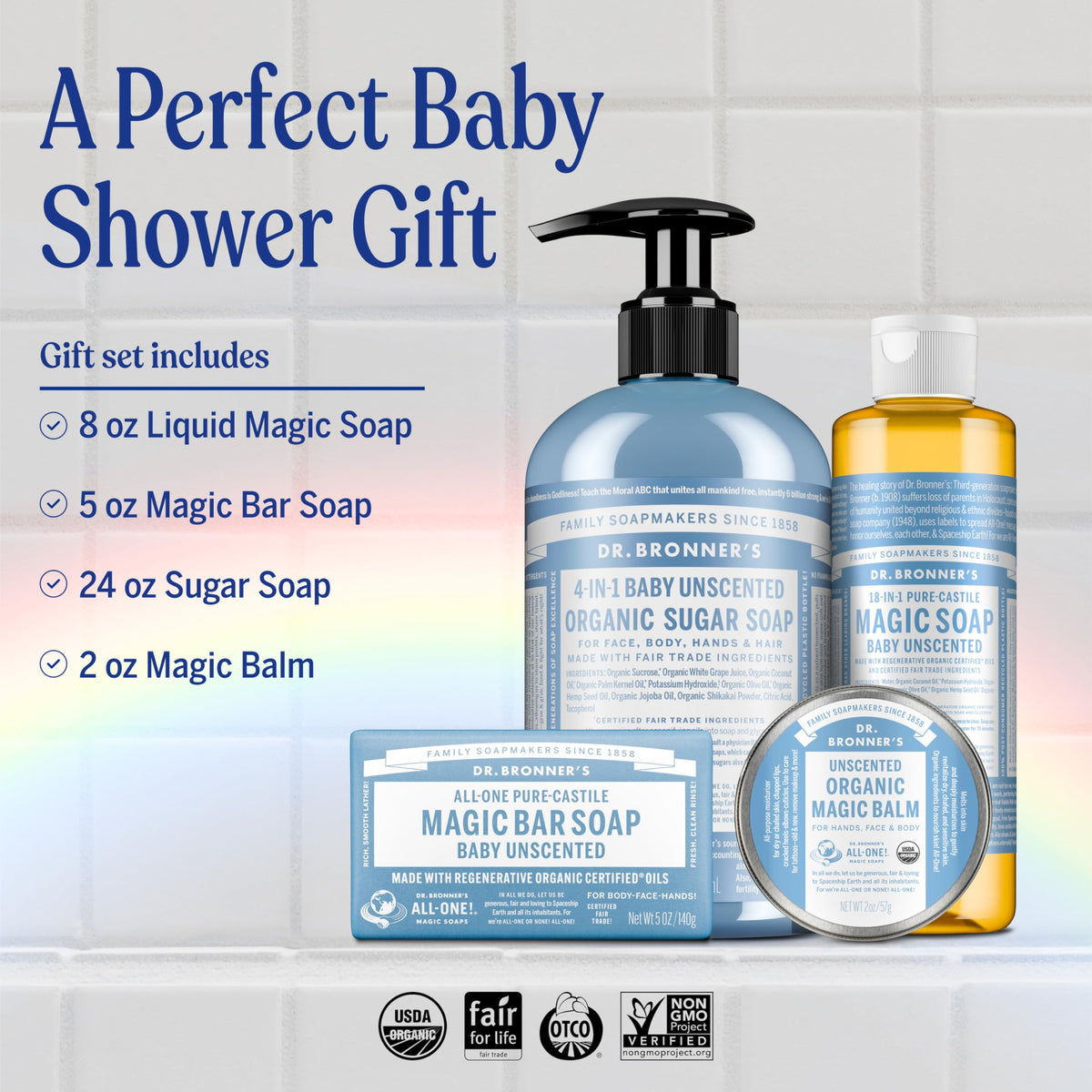 Dr. Bronner's | Set orgánico de cuidado para bebé y piel sensible con alergias o eczema; incluye jabón multiuso, jabón de manos, jabón en barra y bálsamo restaurador
