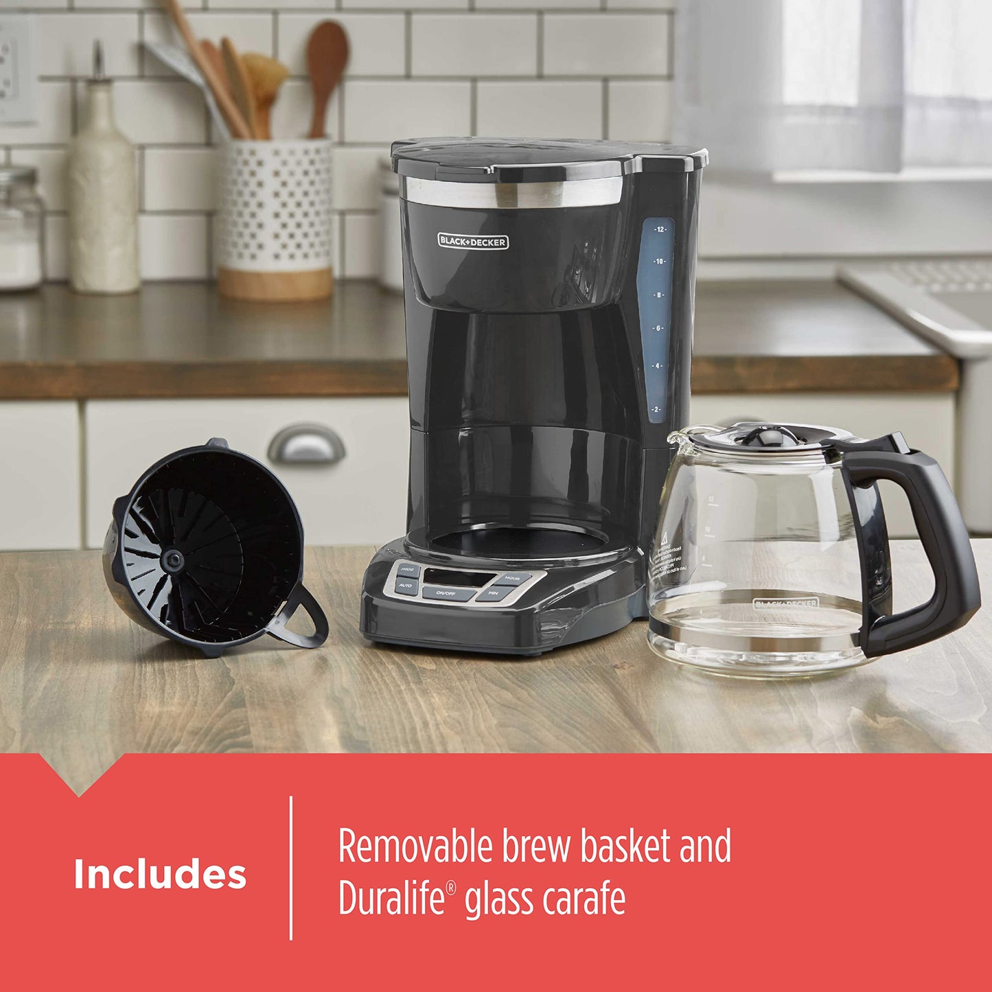 BLACK+DECKER - Cafetera digital de 12 tazas, CM1165GY, programable, filtro de cesta lavable, Sneak-A-Cup, preparación automática, ventana de agua, mantiene la placa caliente, gris