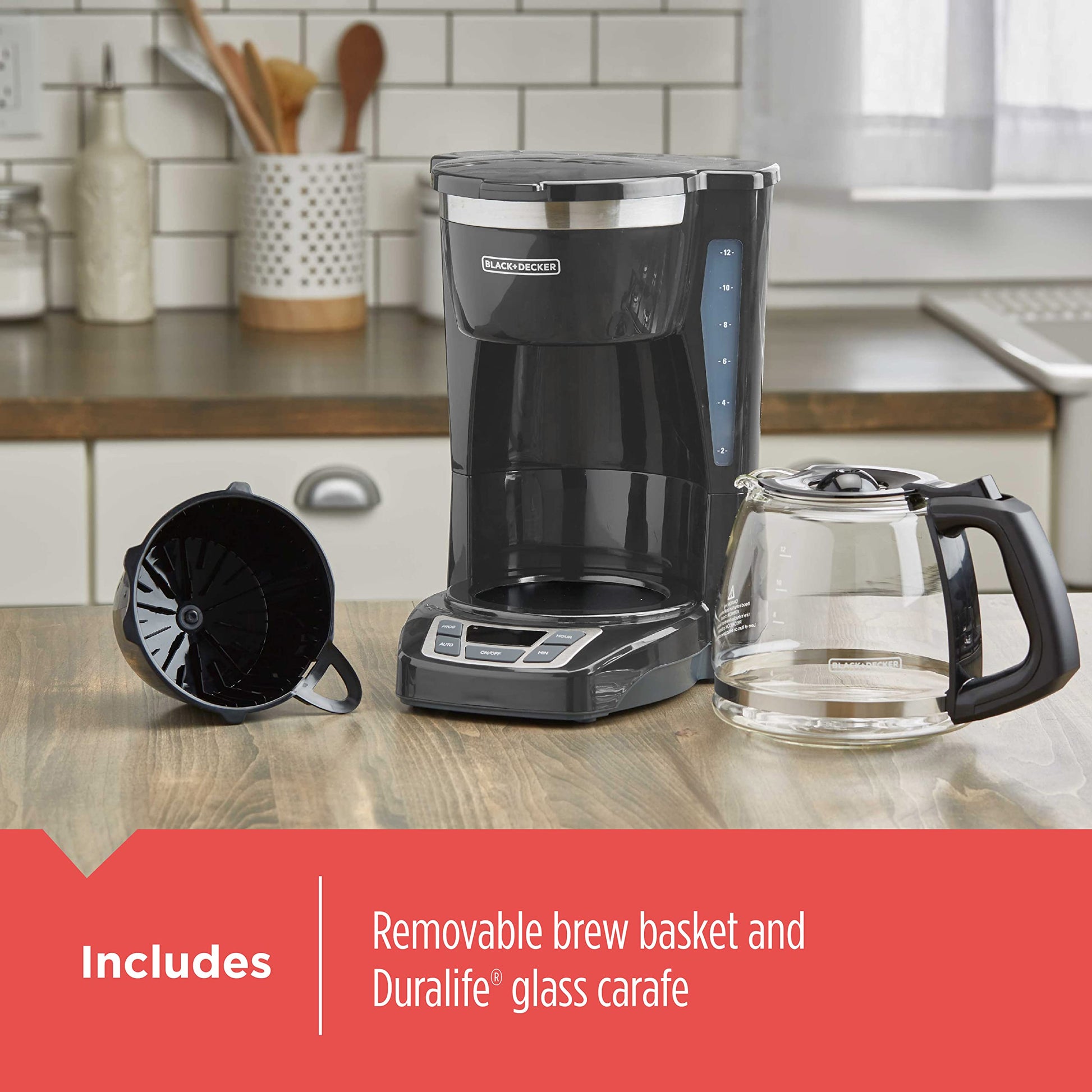BLACK+DECKER - Cafetera digital de 12 tazas, CM1165GY, programable, filtro de cesta lavable, Sneak-A-Cup, preparación automática, ventana de agua, mantiene la placa caliente, gris