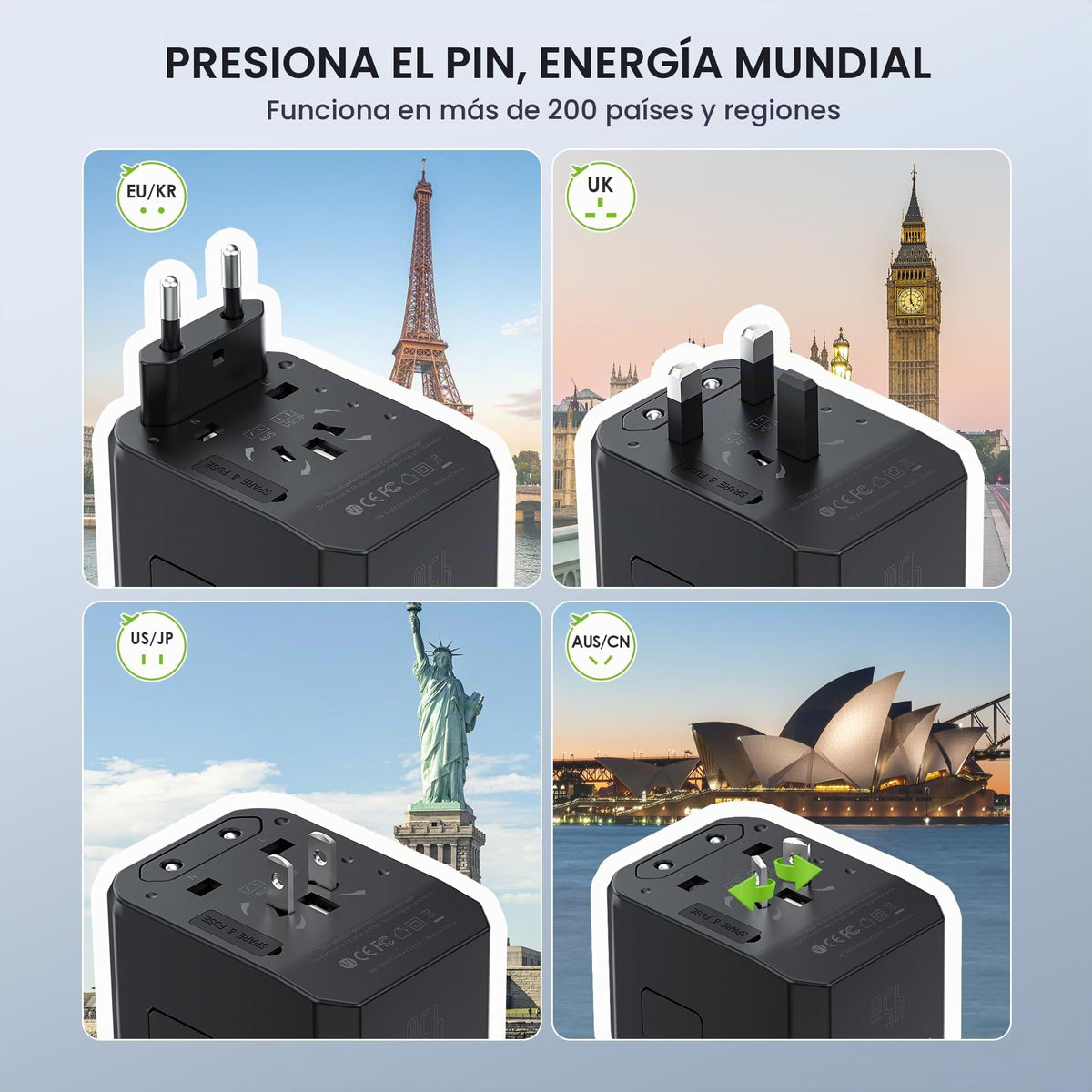 Adaptador de Viaje Universal EPICKA GaN 45W Europeo con Carga Rápida PD&QC