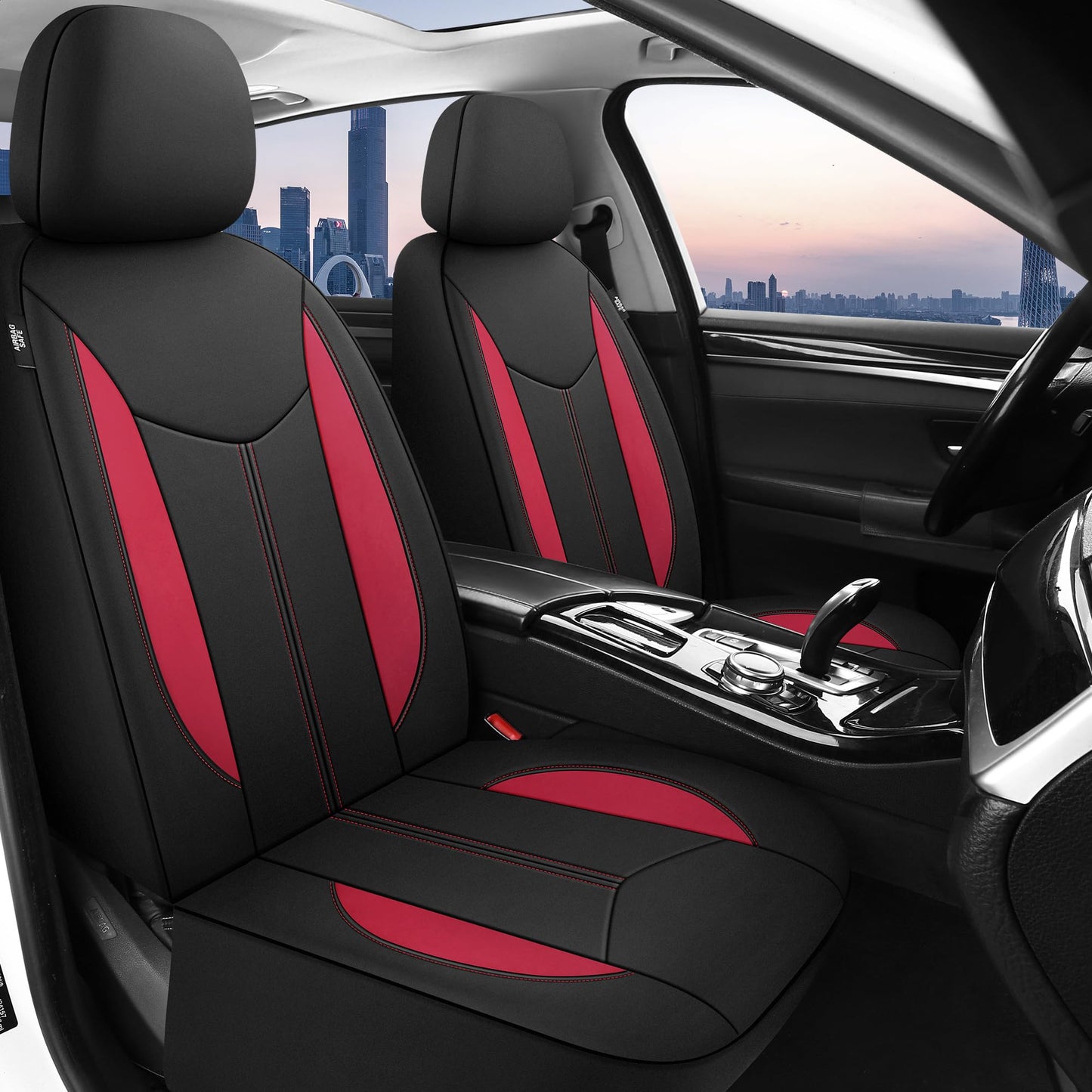 CAROMOP - Funda de neopreno para asientos de auto, 2 asientos delanteros, fundas impermeables para asiento con ajuste universal, aptas para la mayoría de automóviles, camiones y SUV (negro/rojo)