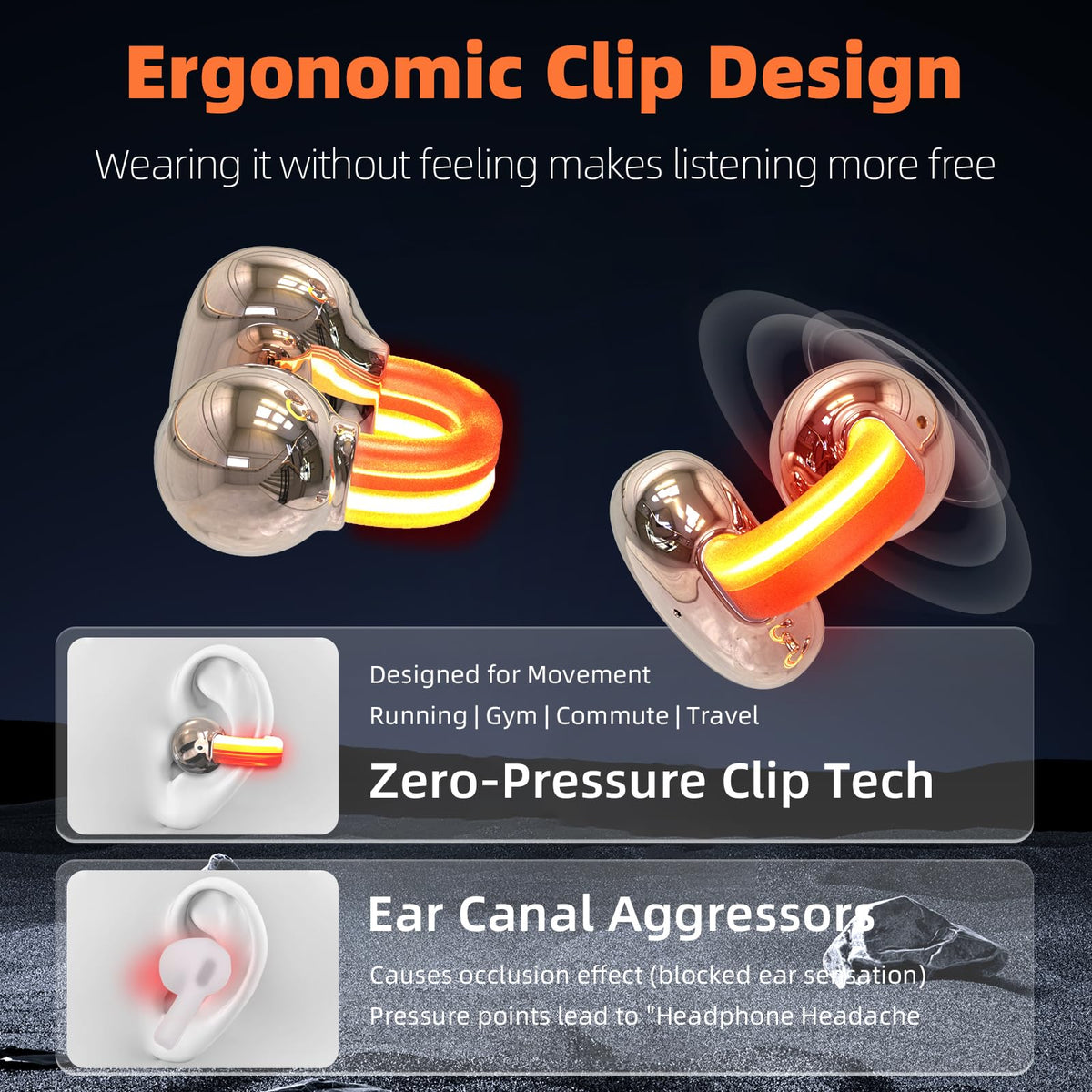 Auriculares Bluetooth xzqioue Brillantes con Clip Negro con Micrófono y 20 Horas de Juego para Deportes Nocturnos y Fiestas