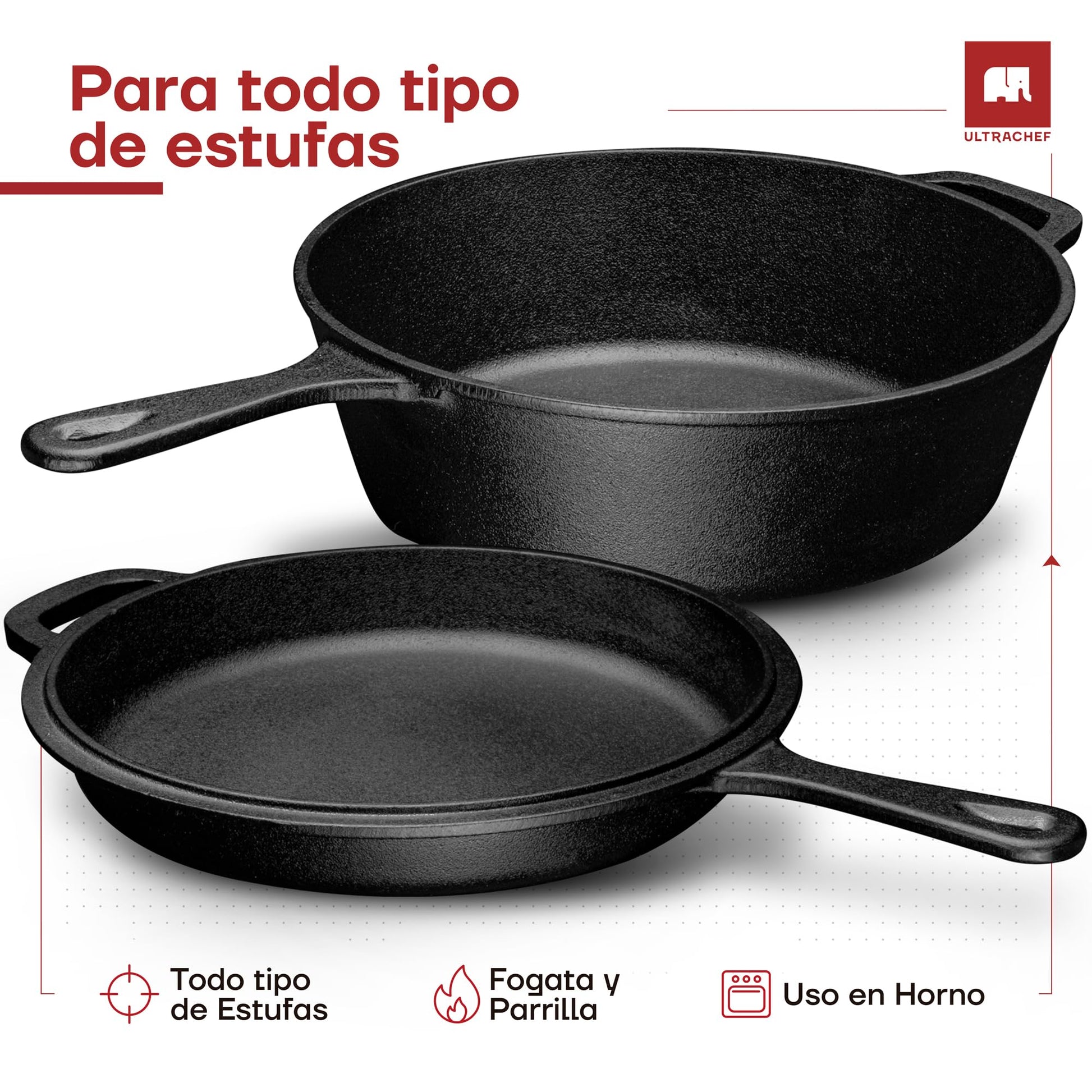 ULTRACHEF Olla de Hierro Fundido 2 en 1 para Estufa y Horno | Horno Holandés y Sartén de Hierro Fundido con Asa y Mango | Dutch Oven | Tamaño 26 cm, Capacidad 2.8 Litros