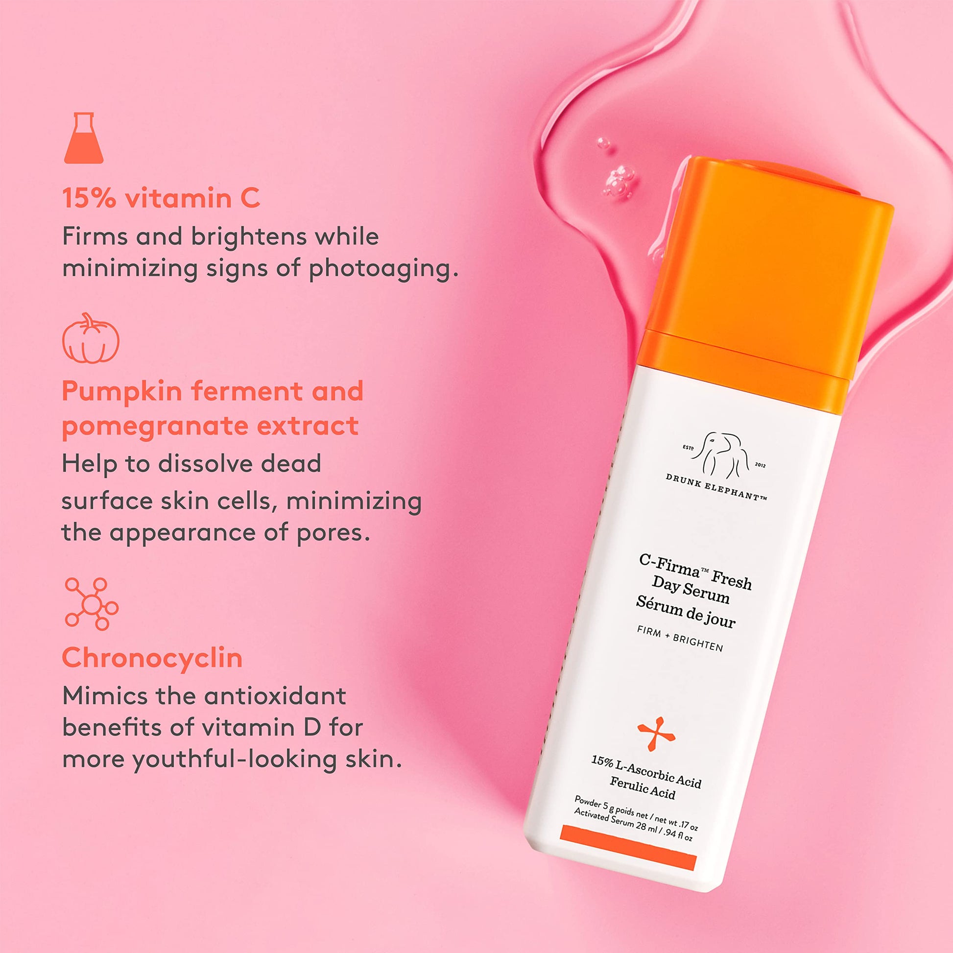 Drunk Elephant C-Firma Day Serum. Brightening and Tightening Gluten-Free Face Serum with 15 Percent Ascorbic Acid (1 ounce)